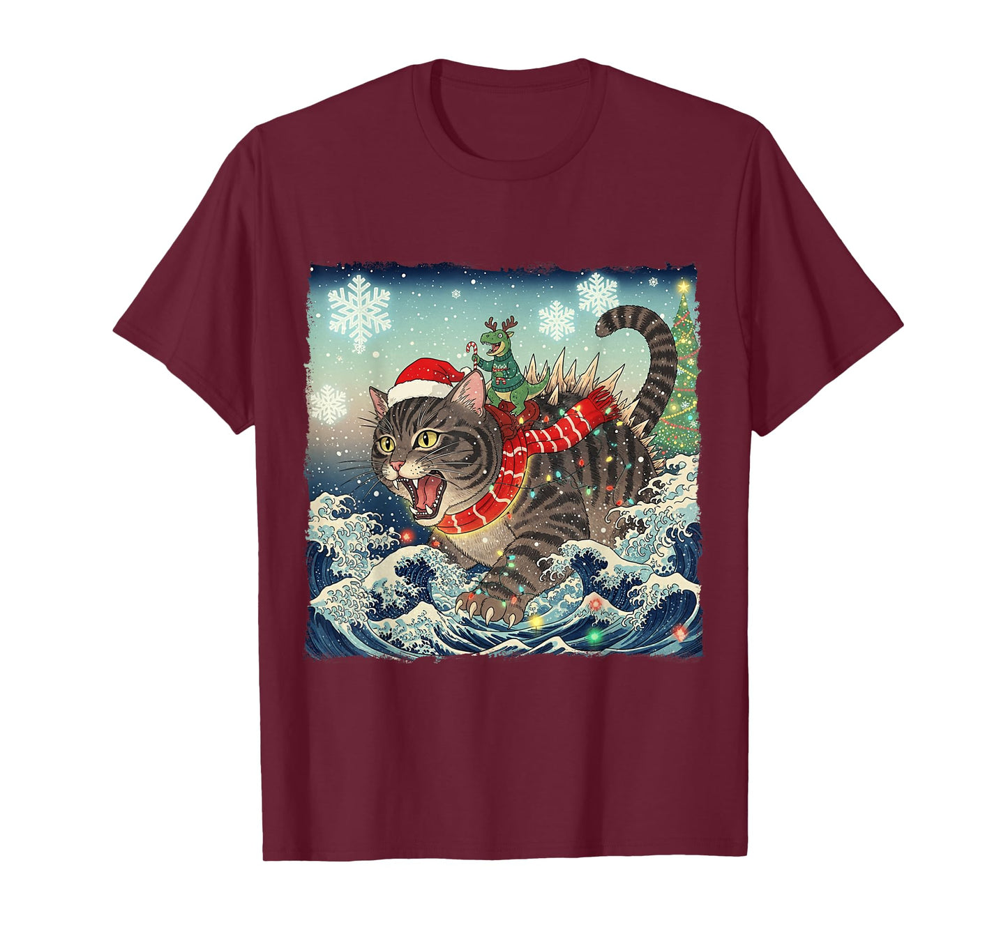 Catzilla Christmas with Cute Dino Cat Funny Holiday Wave T-Shirt
