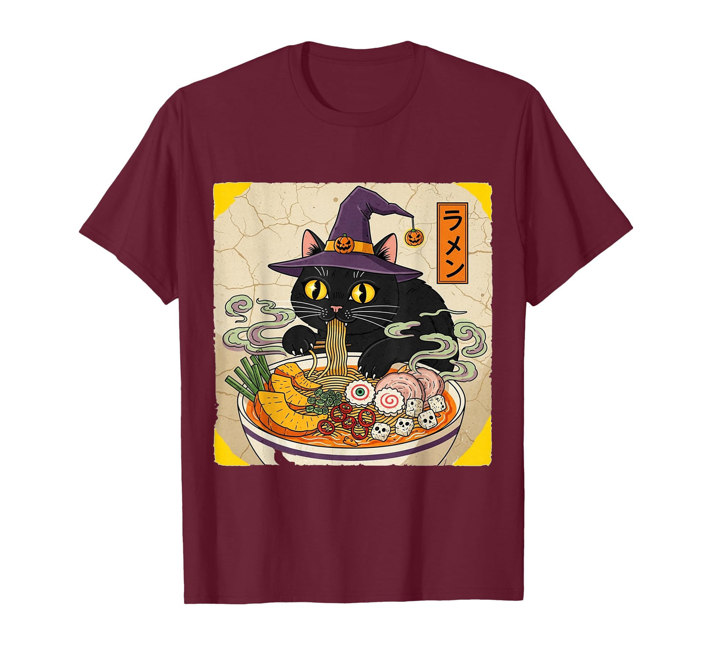 Black Cat Holiday Witch Hat Slurping Ramen Vintage Halloween T-Shirt