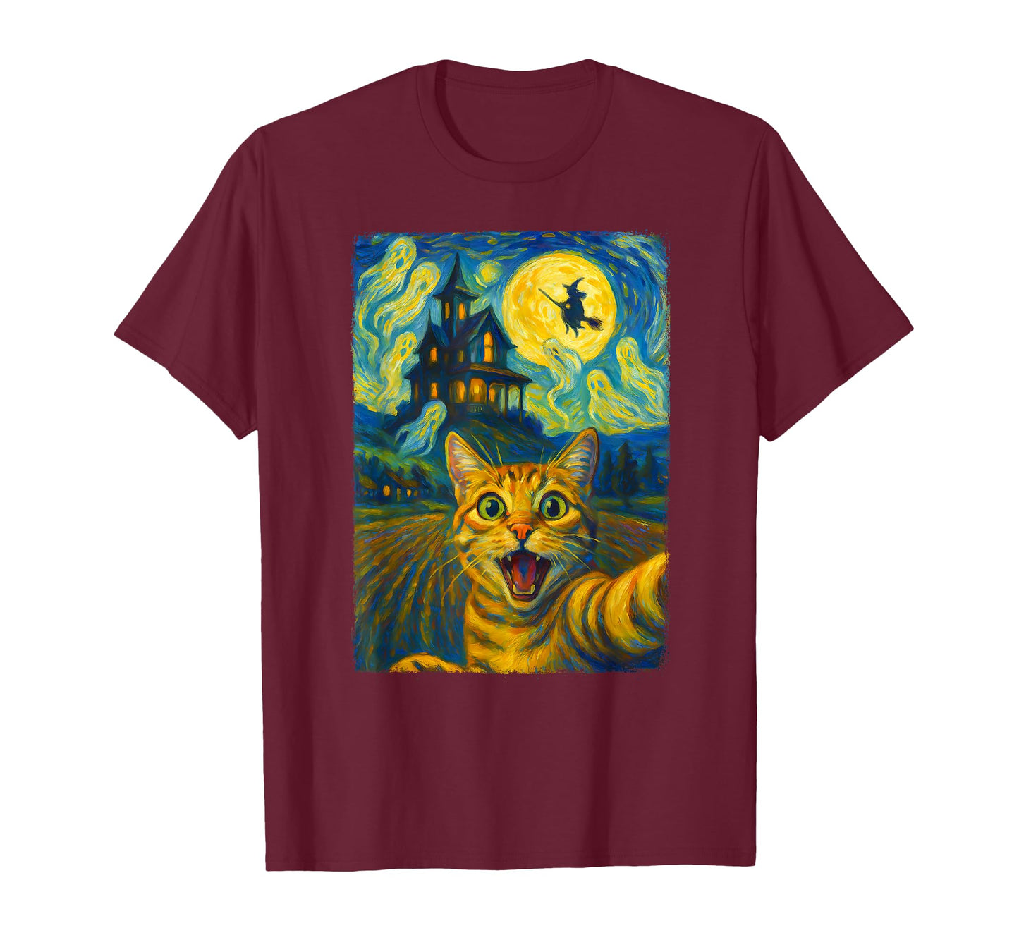Funny Cat Selfie Witch Ghost Halloween Van Gogh Starry Night T-Shirt