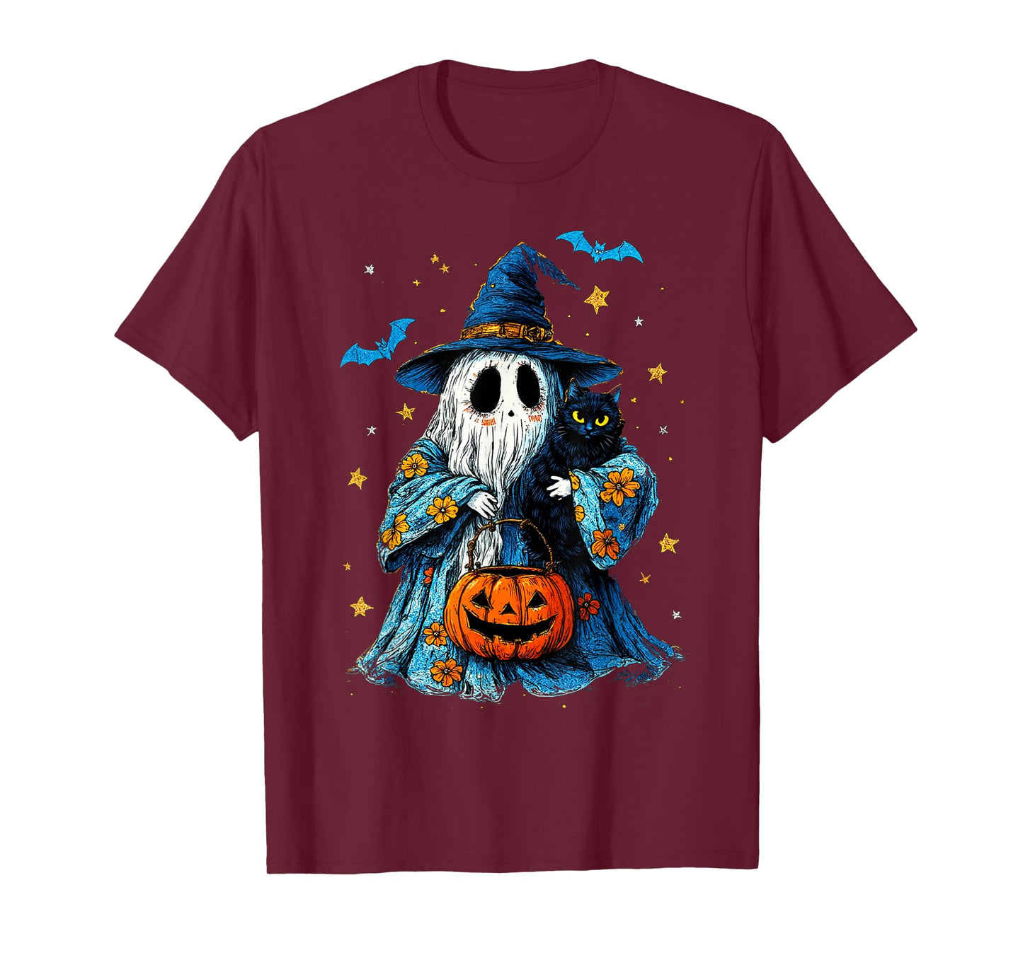 Ghost Holding Black Cat Lover Halloween 2025 Groovy Floral T-Shirt