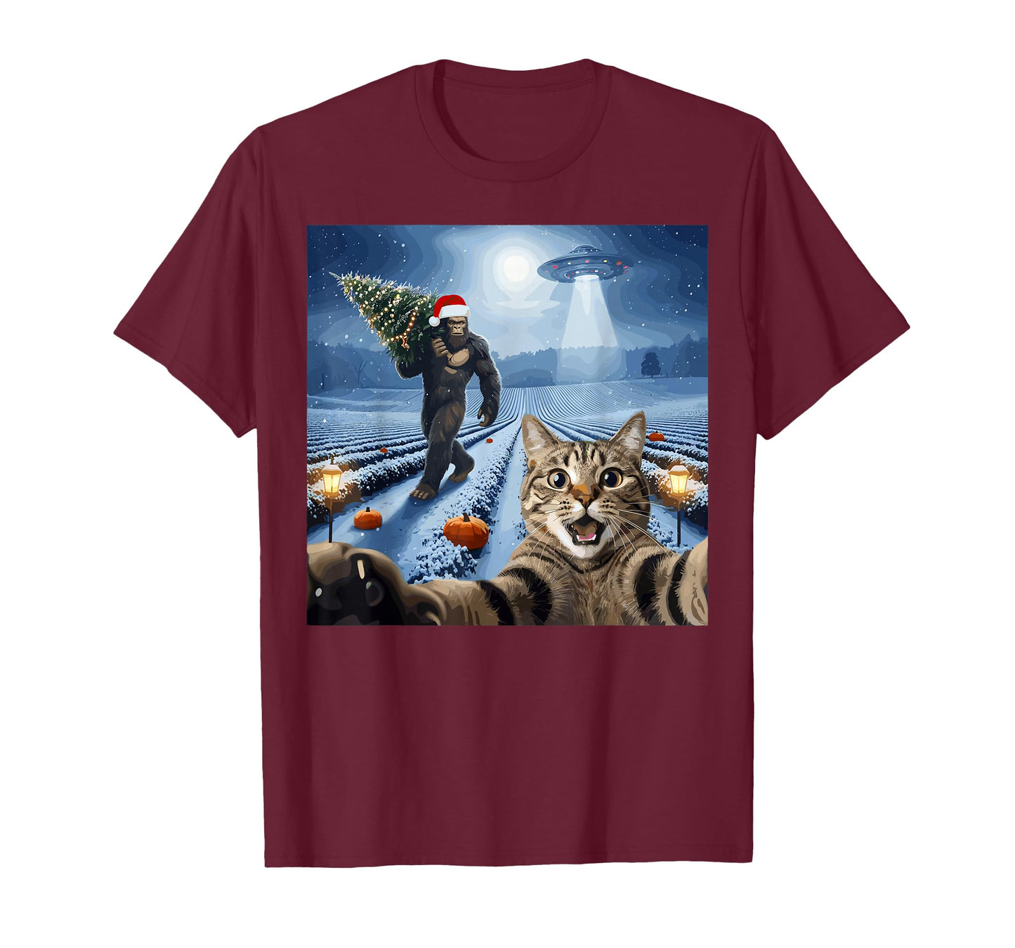 Christmas Bigfoot UFO Cat Selfie Pumpkin Snow Scene T-Shirt