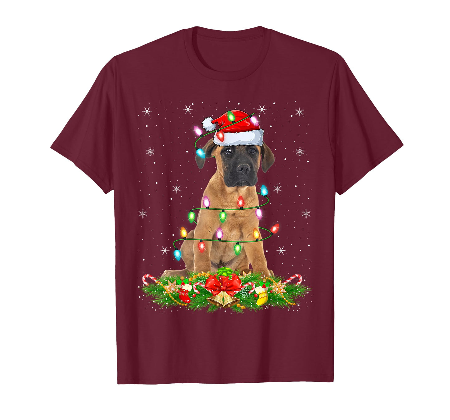 Mastiff Dog Christmas Lights Funny Santa Hat Xmas T-Shirt
