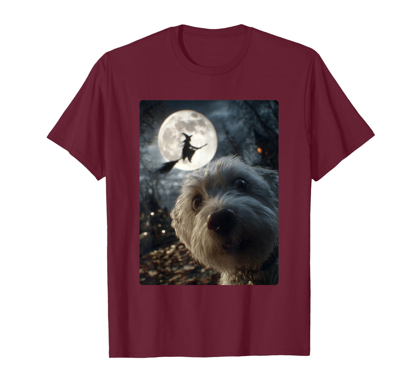 Funny Maltese Selfie Full Moon Flying Witch Halloween Dog T-Shirt