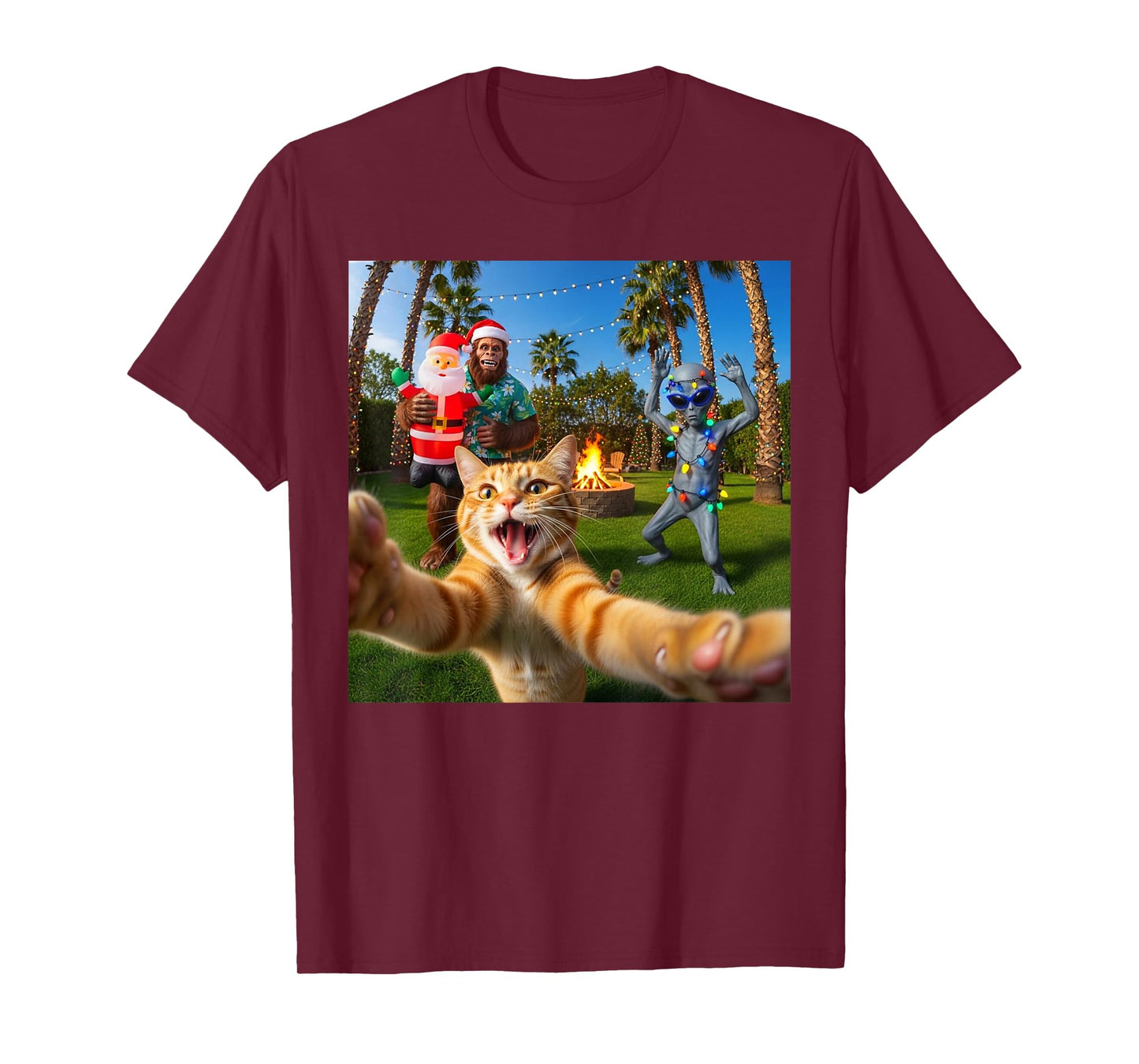Funny Christmas Cat Selfie with Bigfoot & Alien Party T-Shirt