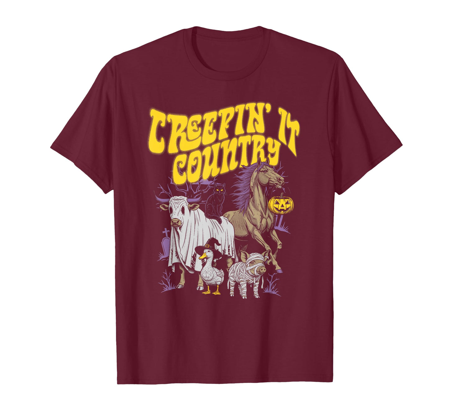Creepin’ It Country Spooky Farm Animal Halloween Art T-Shirt