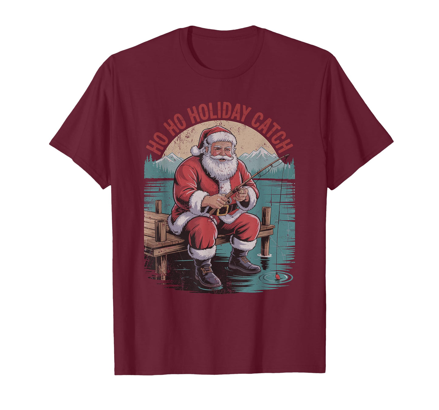 Santa Fishing Retro Vintage 90s Christmas Holiday Fisherman T-Shirt