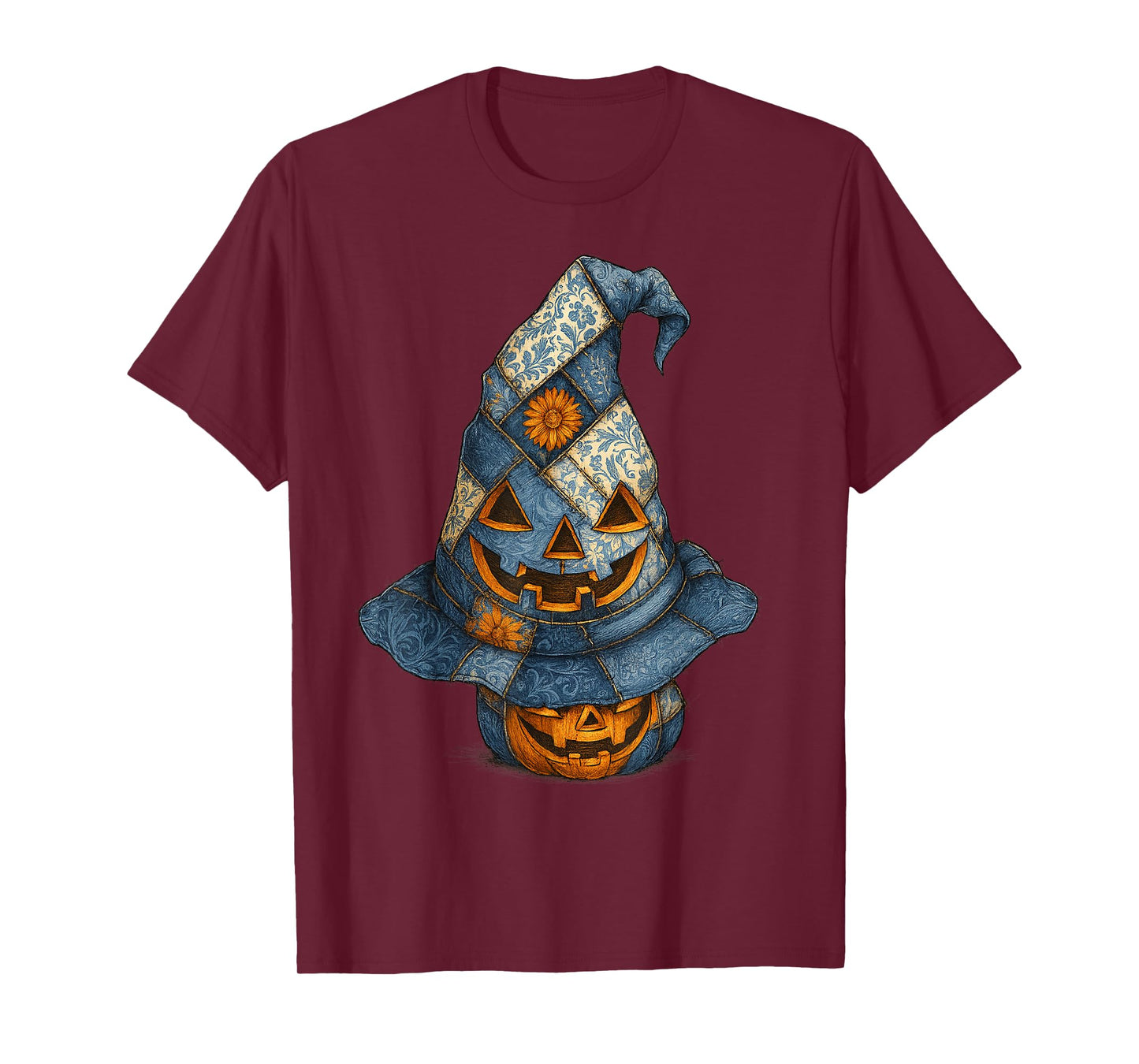 Patchwork Pumpkin Witch Hat Vintage Halloween T-Shirt