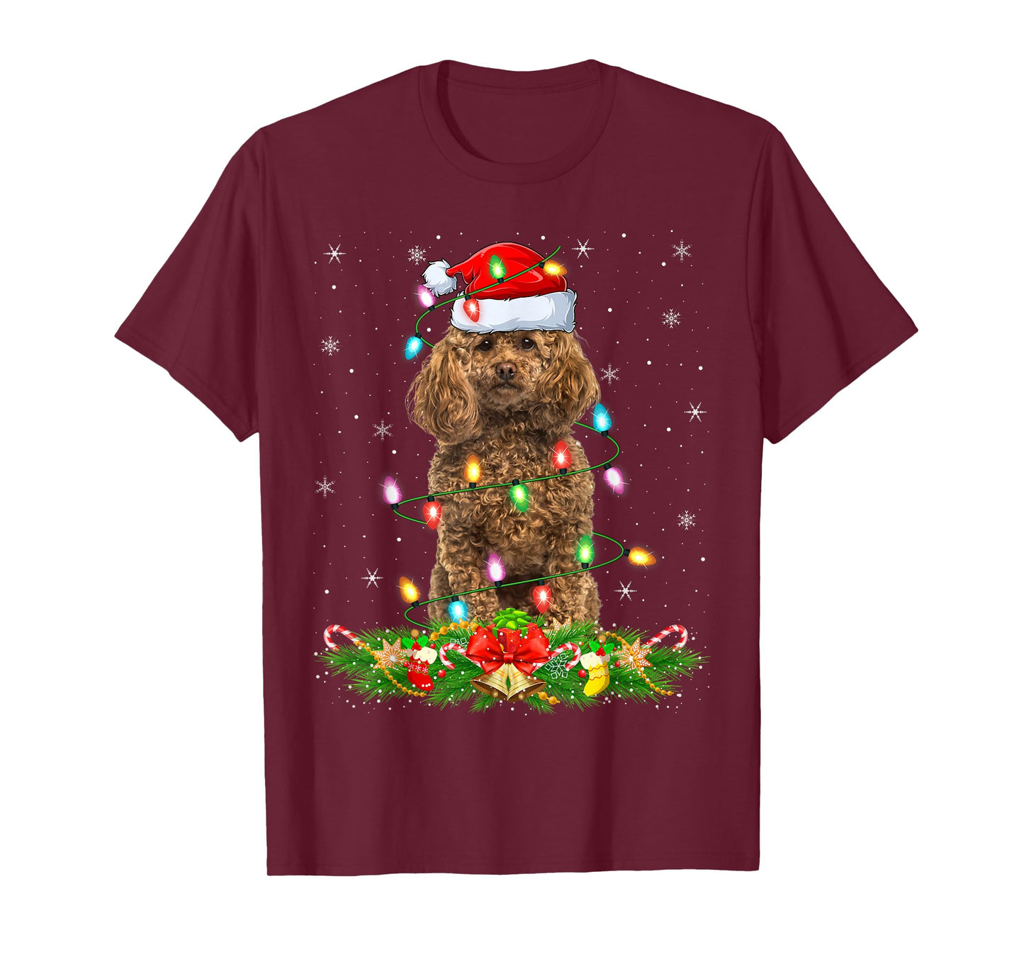 Poodle Dog Christmas Lights Funny Santa Hat Xmas T-Shirt
