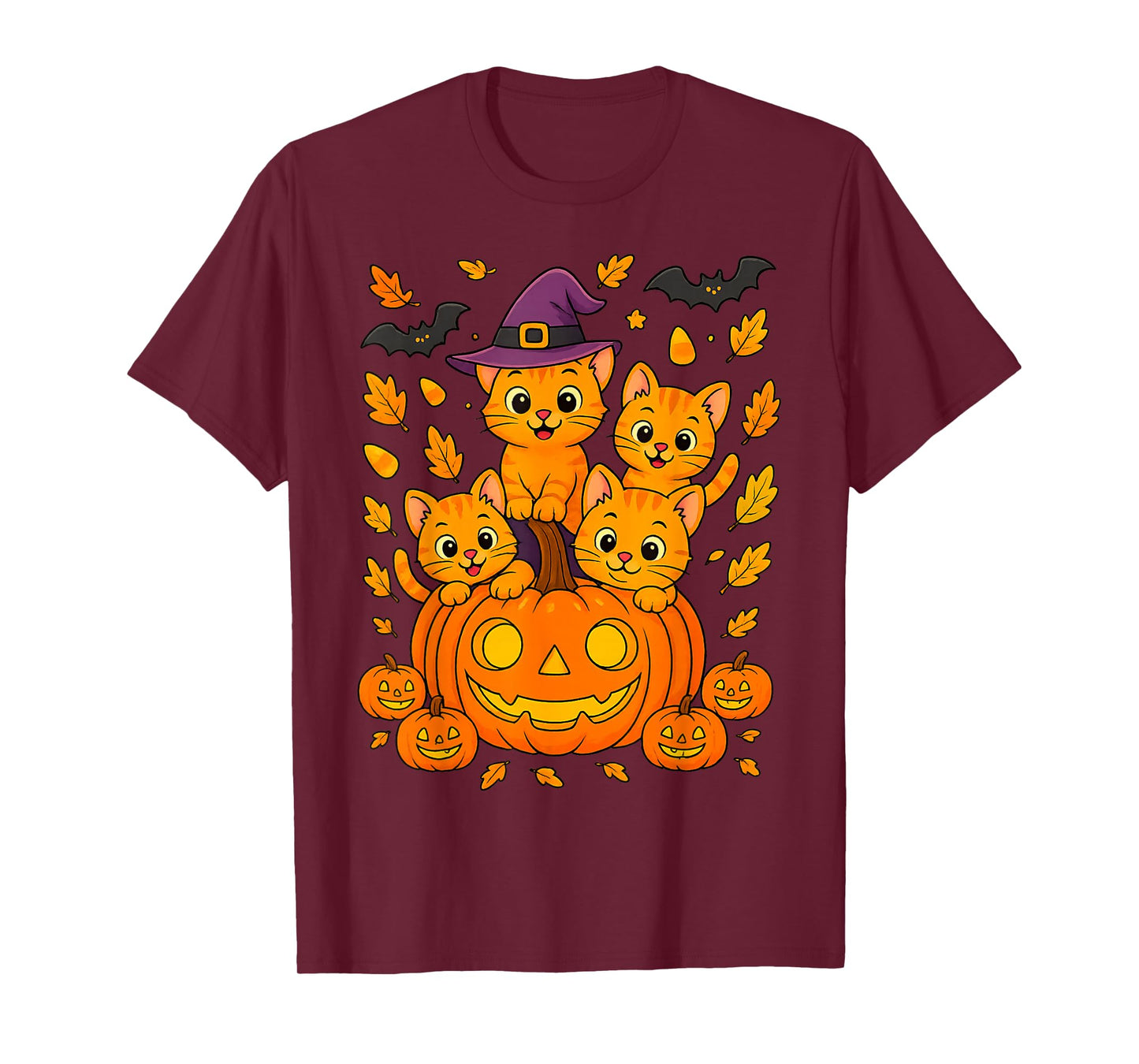 Halloween Pumpkin Party Orange Kittens Leaves Candy Funny T-Shirt