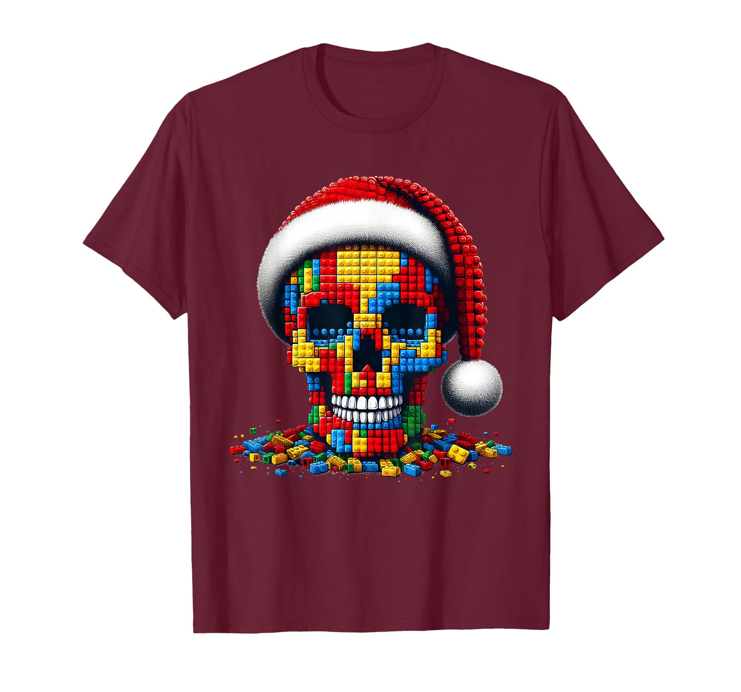 Christmas Skull Santa Hat Block Bricks Master Builder T-Shirt