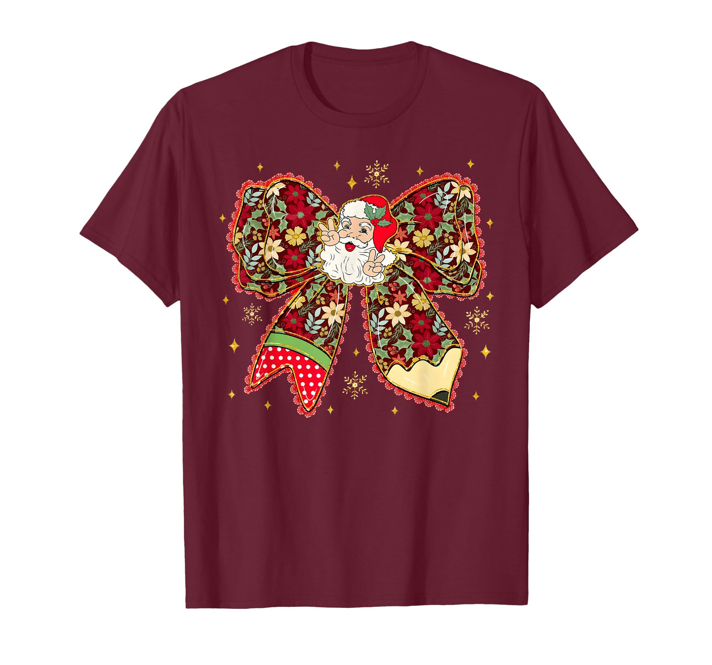 Santa Peace Sign Floral Coquette Bow Christmas Pajamas Girly T-Shirt