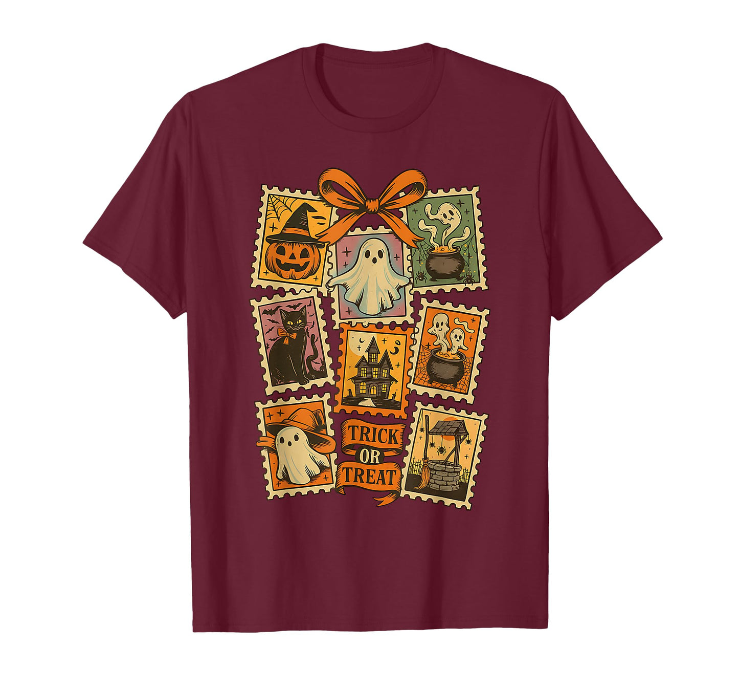 Halloween Stamp Spooky Ghost Boo Pumpkin Coquette Bow Retro T-Shirt