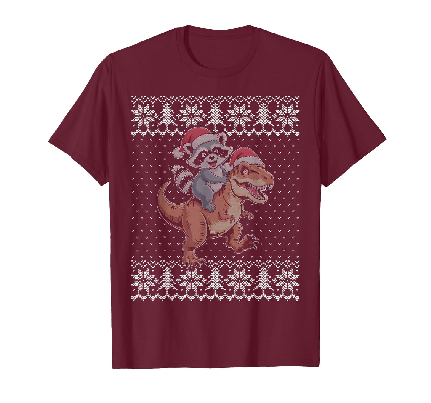 Raccoon Riding Dinosaur Ugly Christmas Sweater T-Shirt