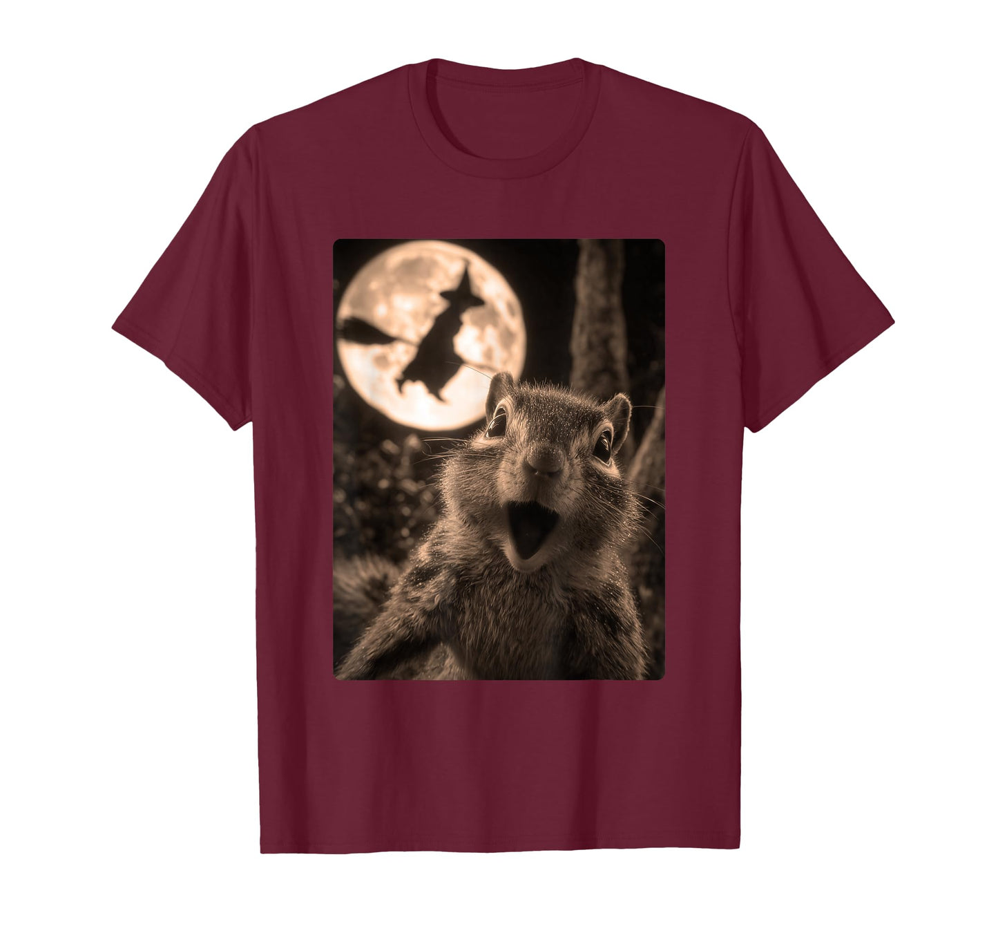 Funny Chipmunk Selfie with Full Moon Flying Witch Halloween T-Shirt