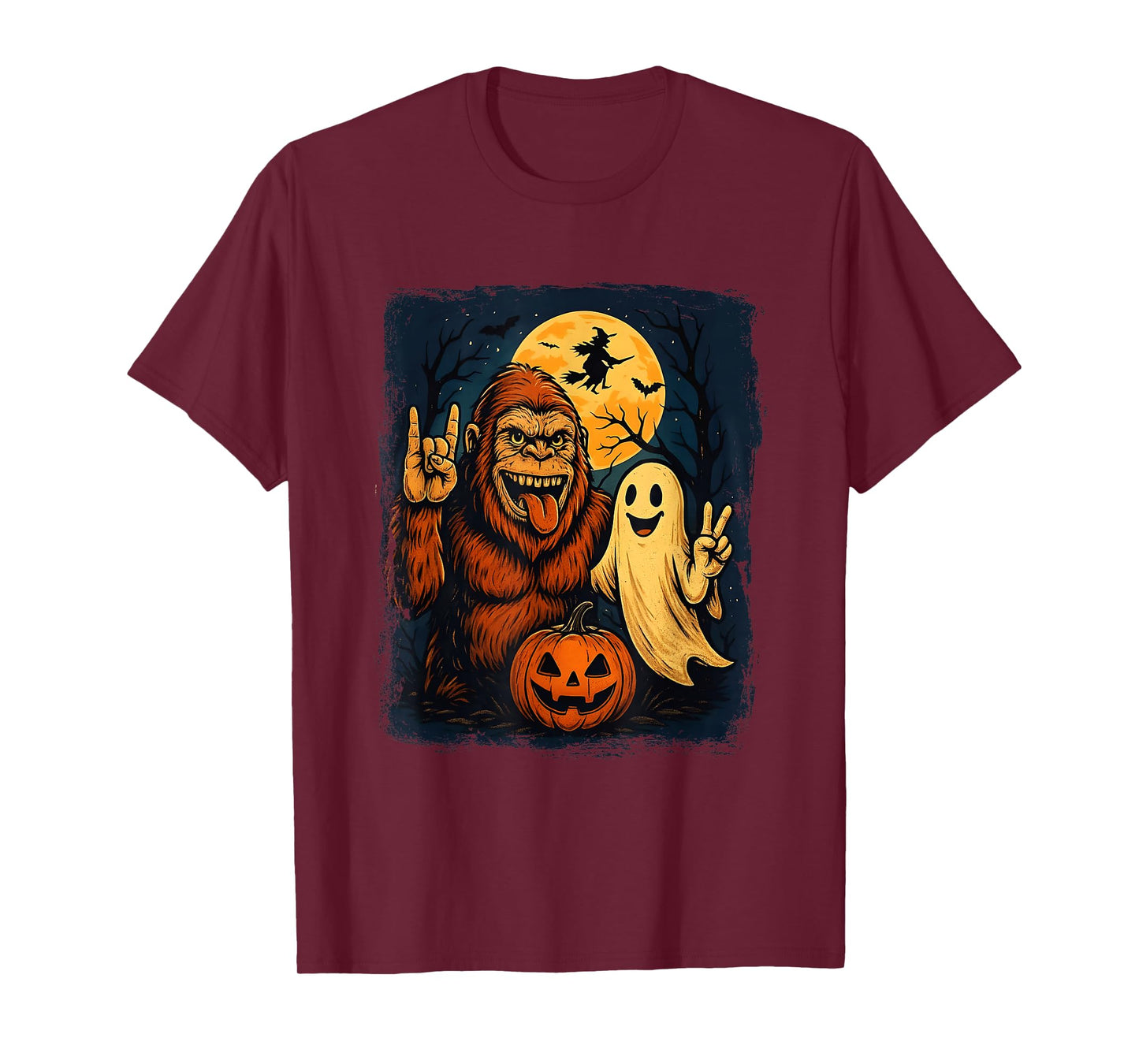 Tongue Out Bigfoot Selfie with Ghost Witch Pumpkin Halloween T-Shirt