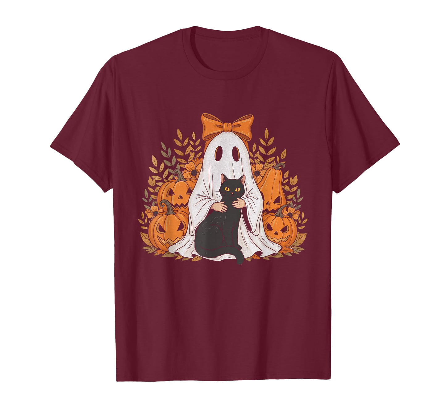 Vintage Halloween Ghost Holding Black Cat Groovy Floral T-Shirt