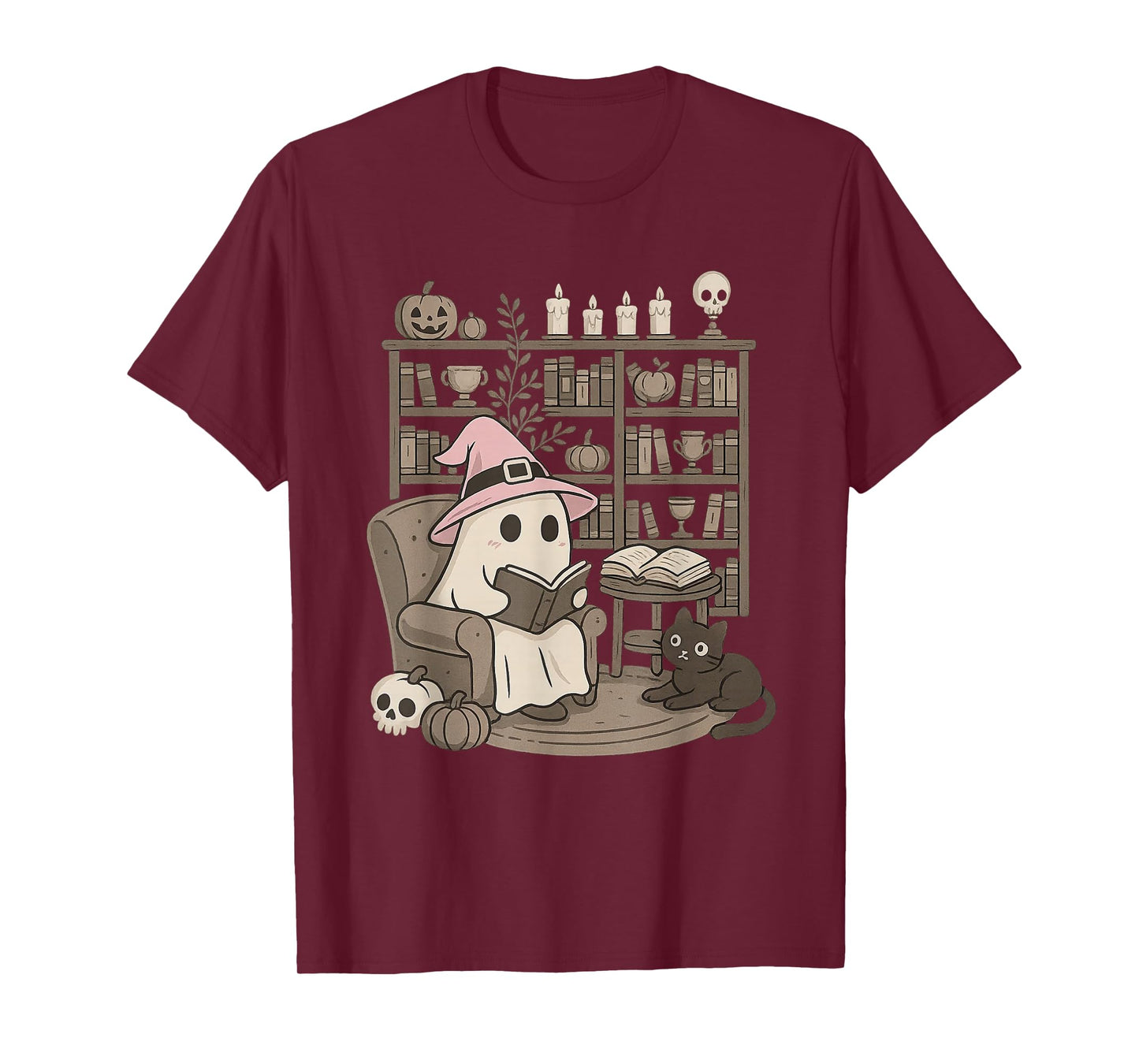 Funny Ghost Witch Reading Black Cat Library Halloween T-Shirt