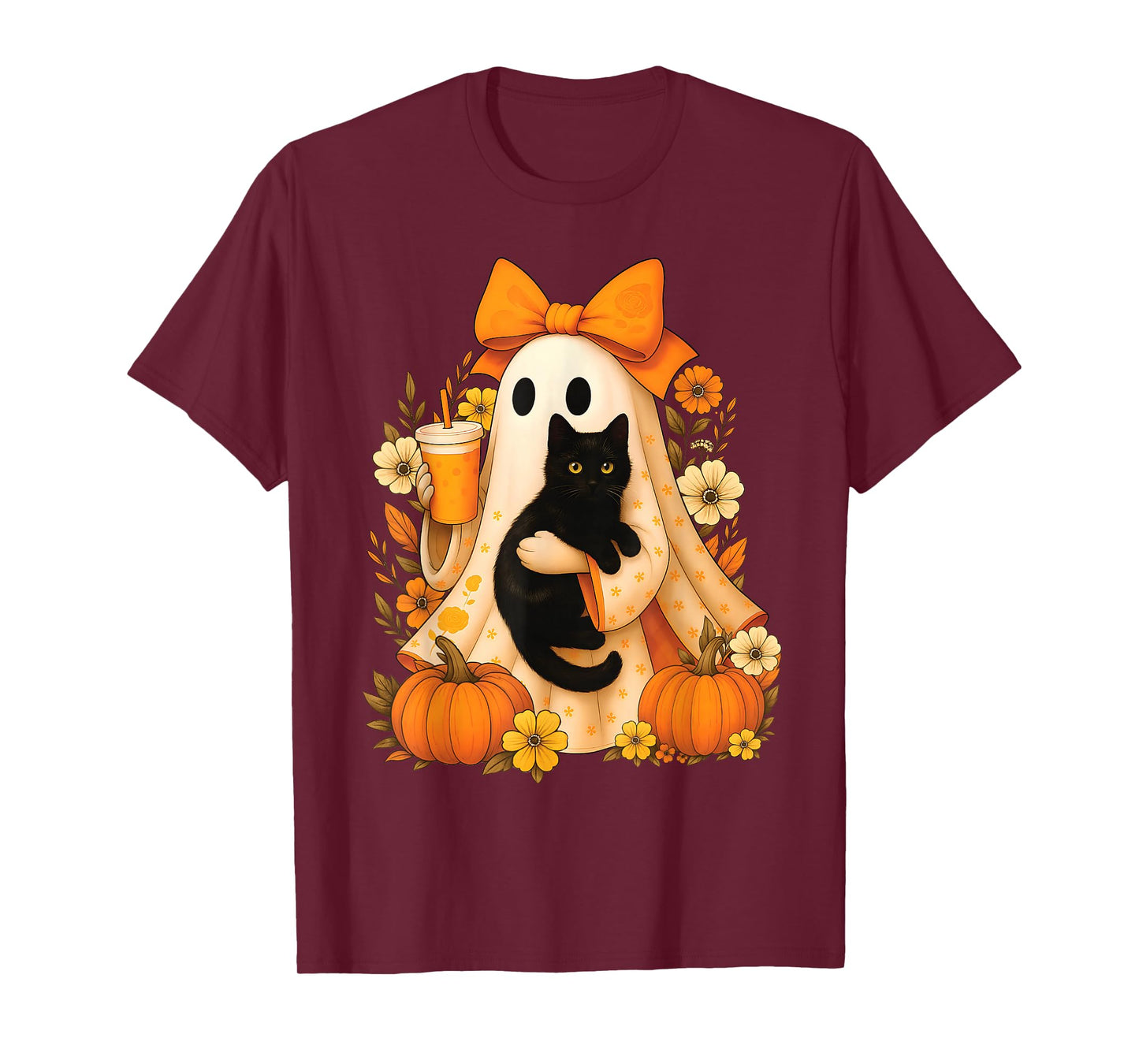 Retro Ghost Holding Cat Groovy Floral Vintage Halloween T-Shirt
