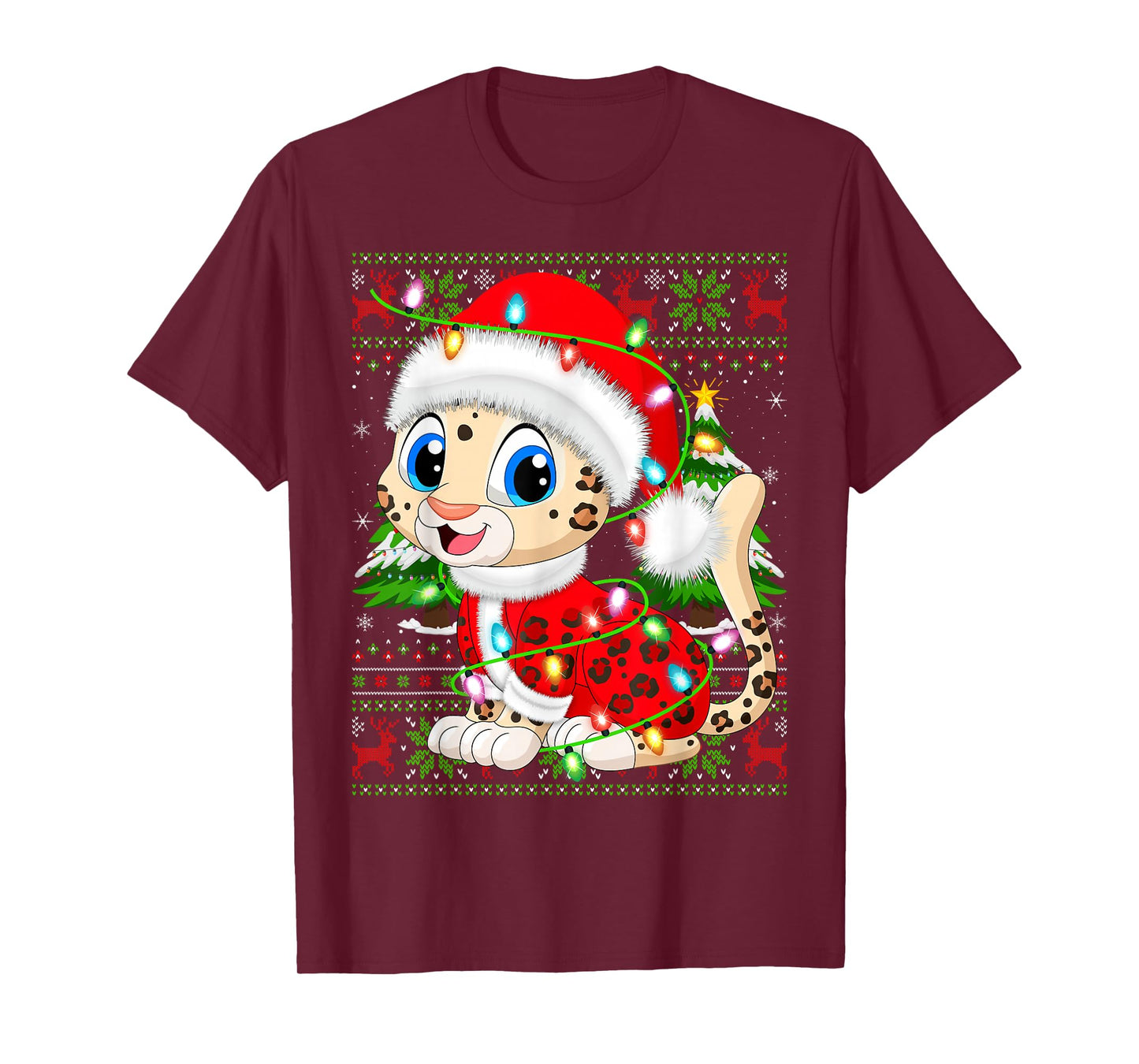 Leopard Christmas Lights Santa Costume Ugly Xmas Sweaters T-Shirt