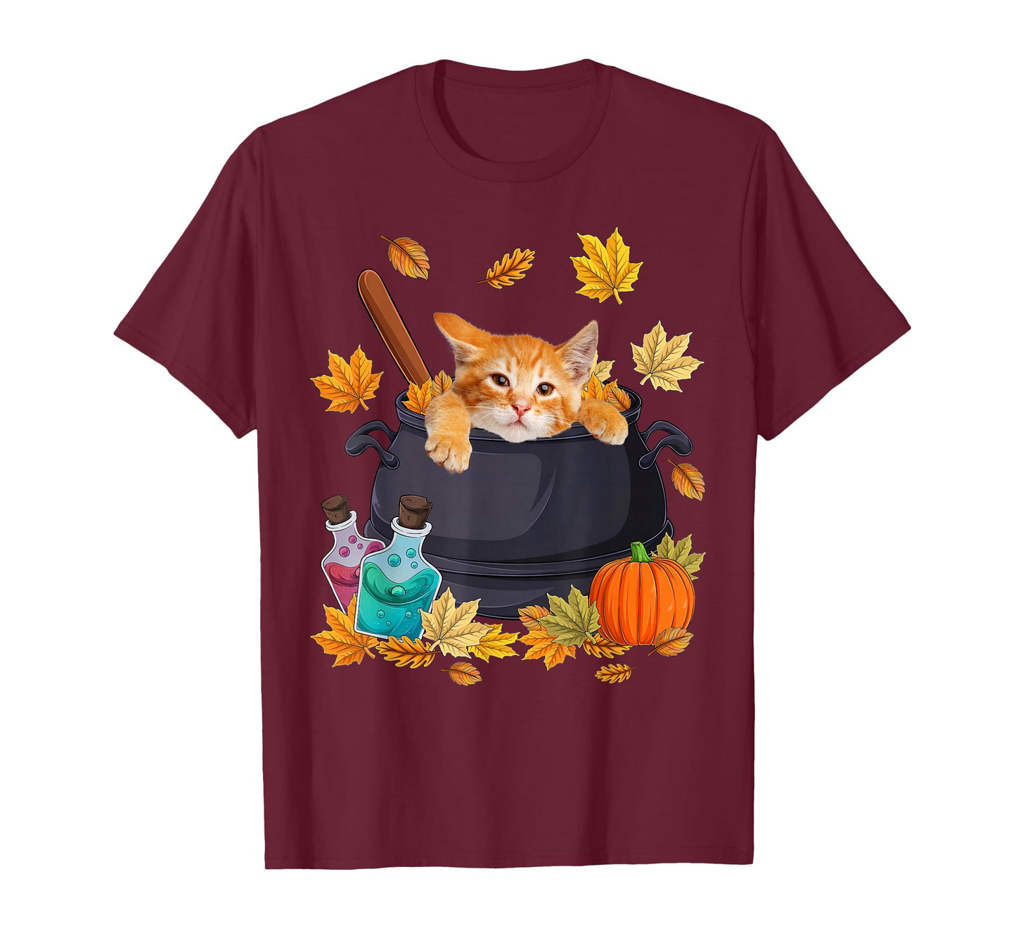 Cat in Witch Bucket & Fall Leaves Halloween Costume Day Kids T-Shirt