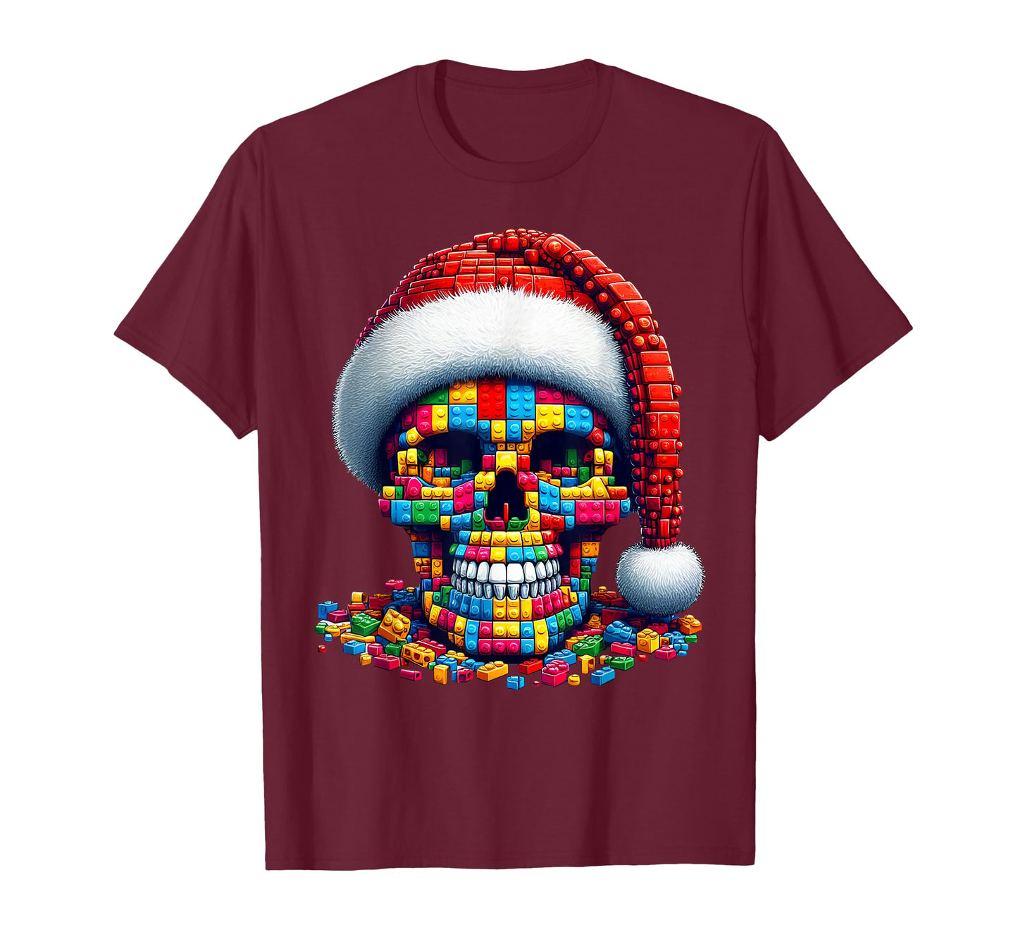 Skull Santa Hat Block Bricks Master Builder Christmas Kids T-Shirt