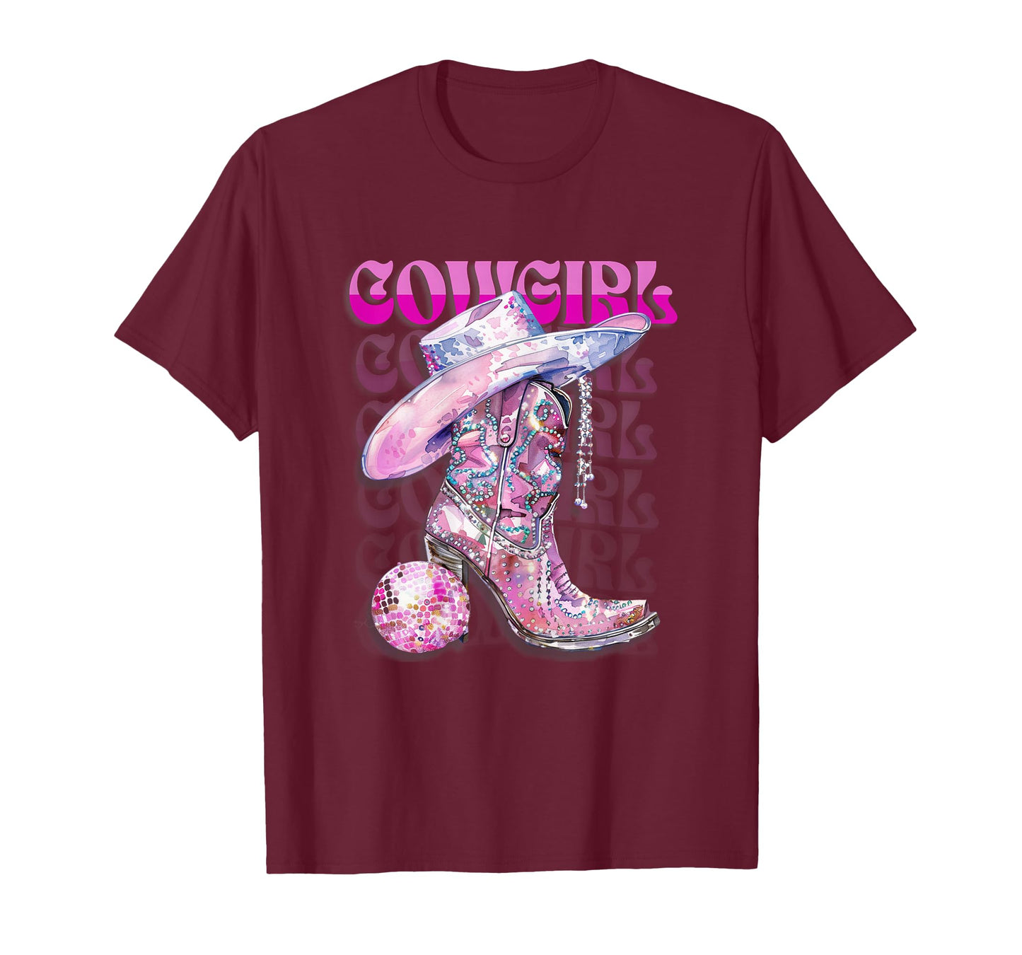 Pink Cowgirl Boots Disco Western Country Cow Girl Coastal T-Shirt