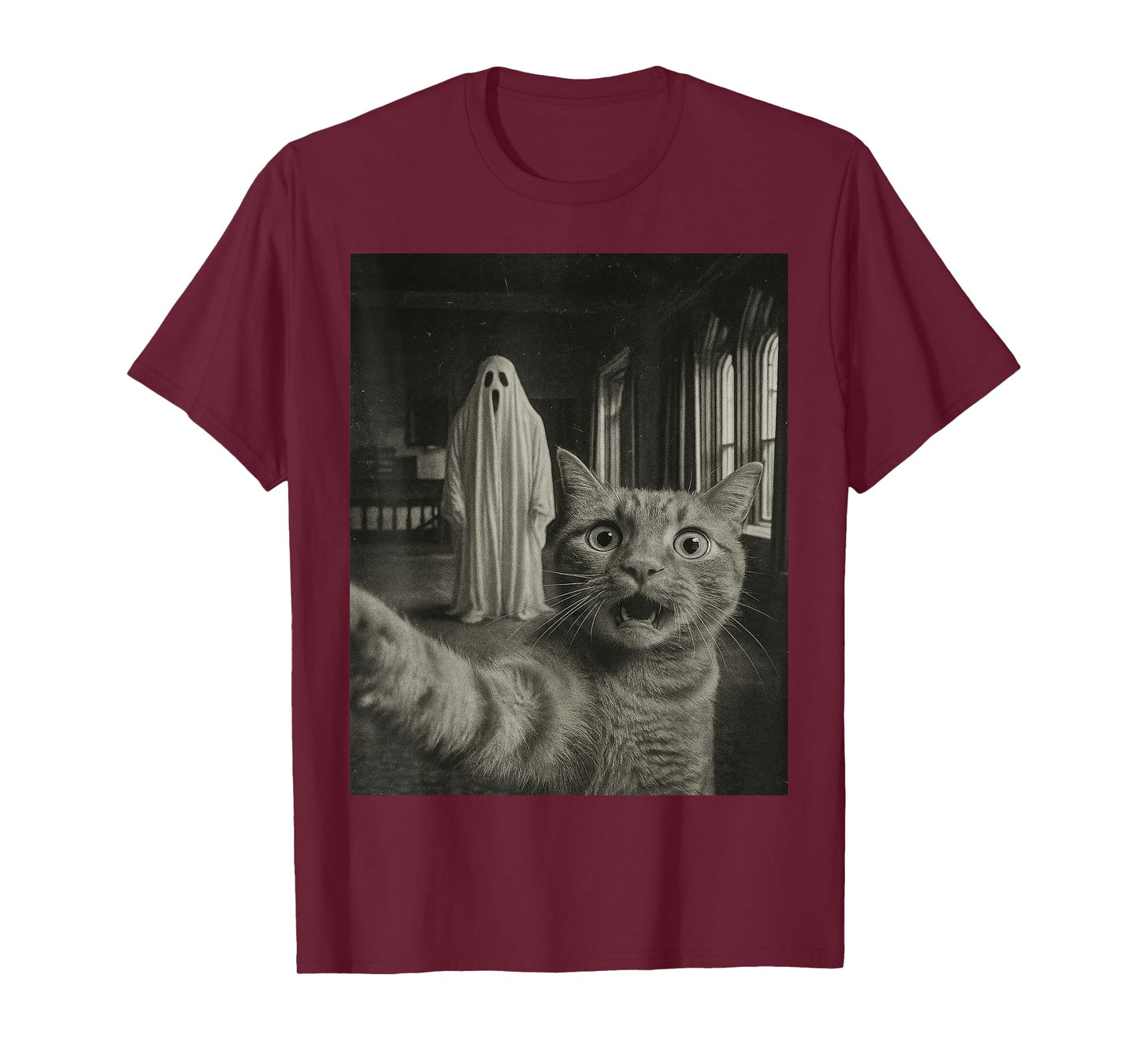 Haunted House Ghost Vintage Photo Funny Tabby Cat Halloween T-Shirt