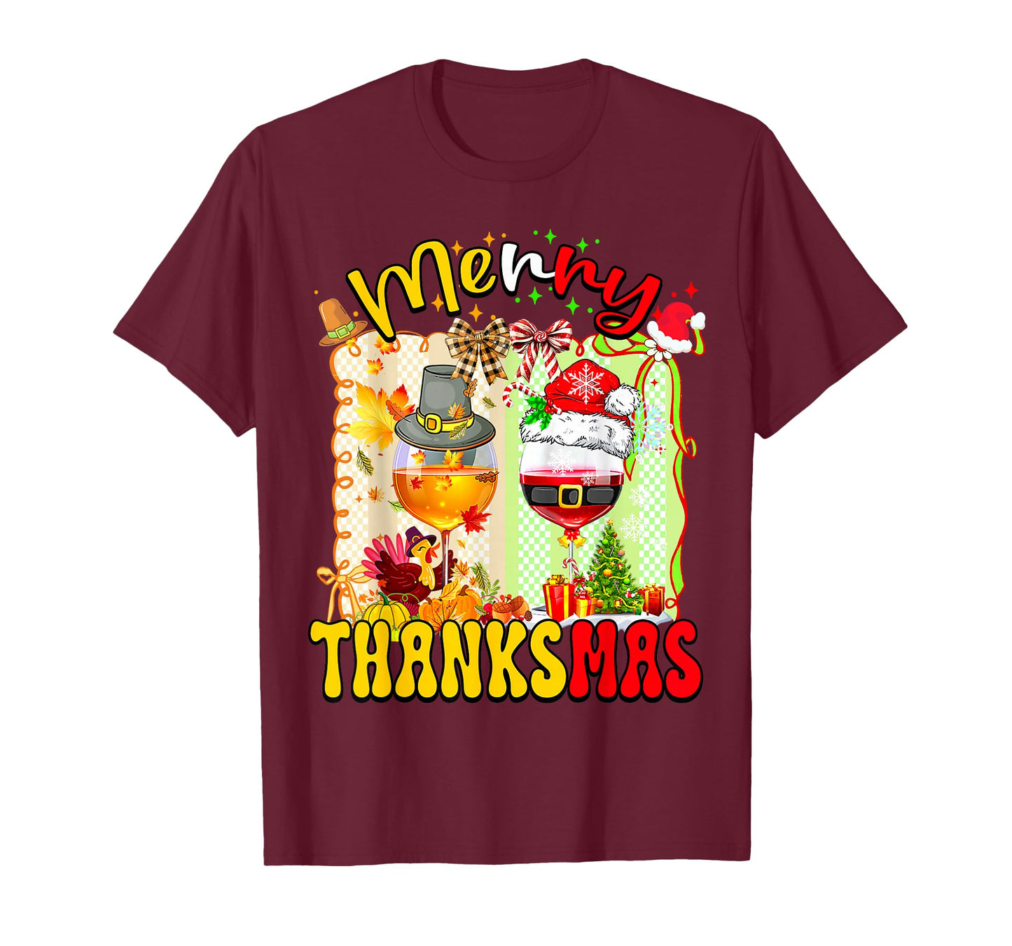 Merry Thanksmas Two Wine Glass Happy Thanksgiving Christmas T-Shirt