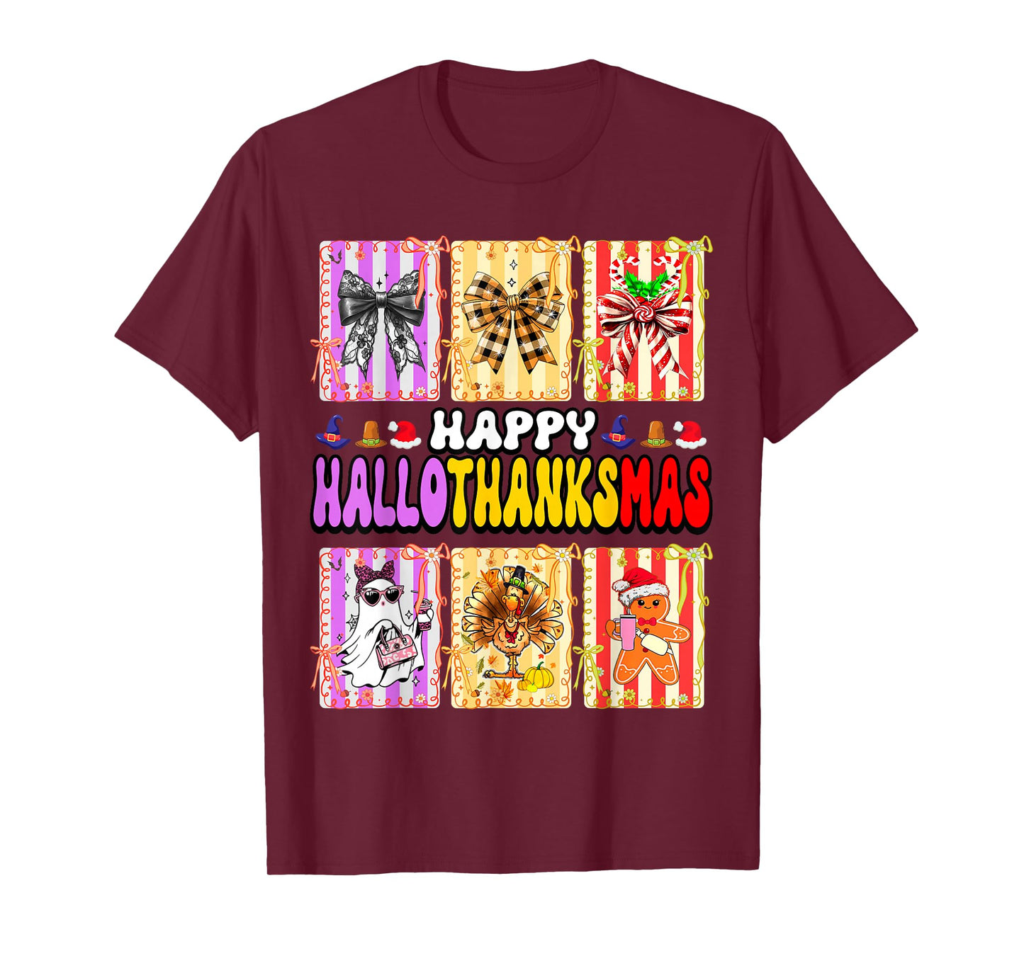 Hallothanksmas Coquette Bow Halloween Thanksgiving Christmas T-Shirt
