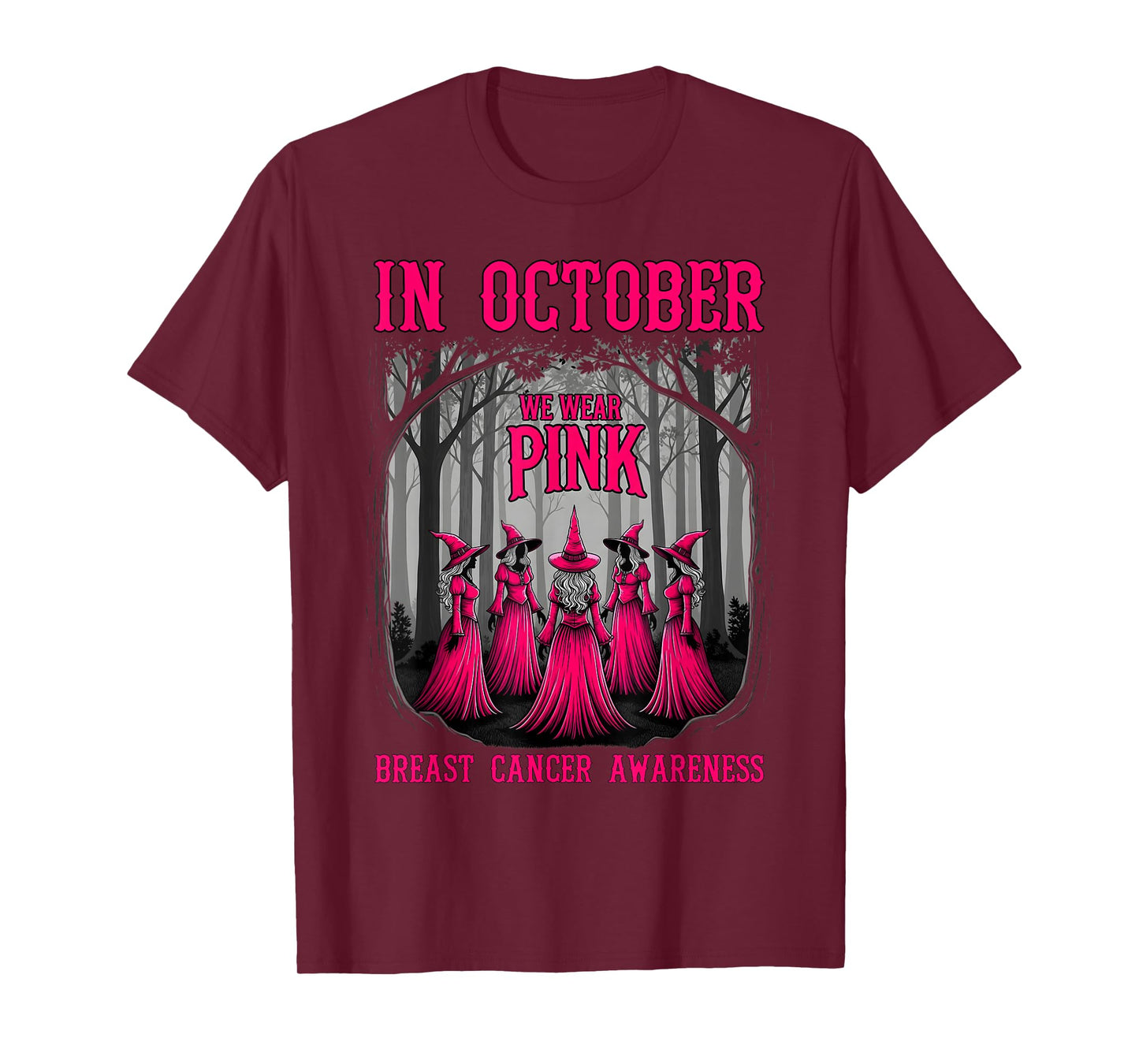 in October We Wear Pink Spooky Witch Breast Cancer Awareness T-Shirt