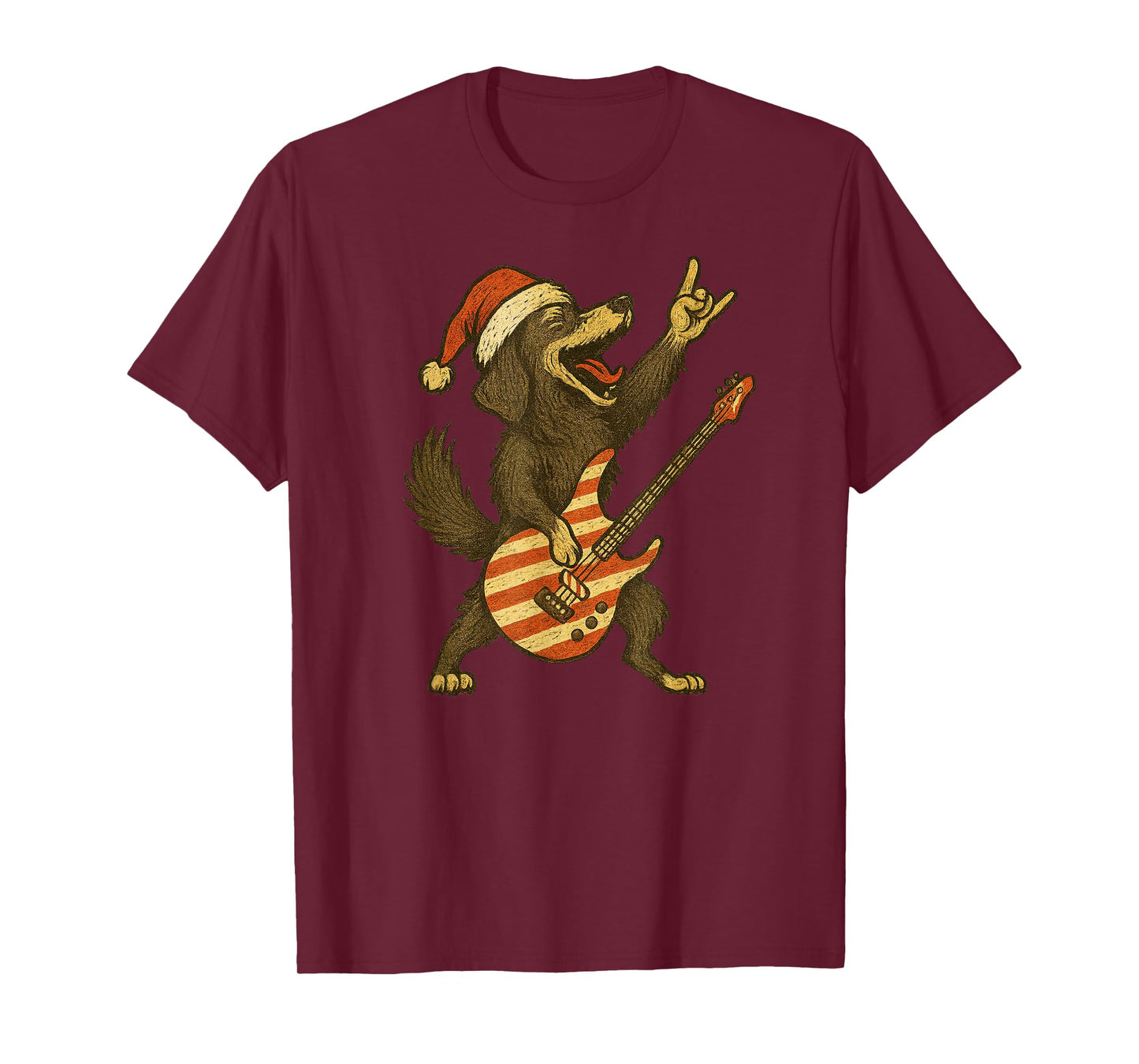 Christmas Dachshund Dog Playing Electric Guitar Rock Team T-Shirt