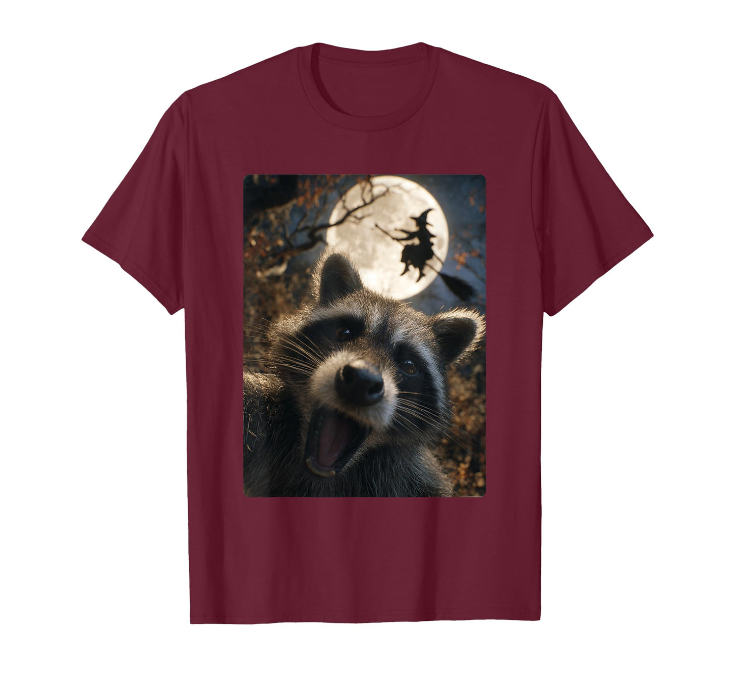 Funny Raccoon Selfie Full Moon Flying Witch Forest Halloween T-Shirt