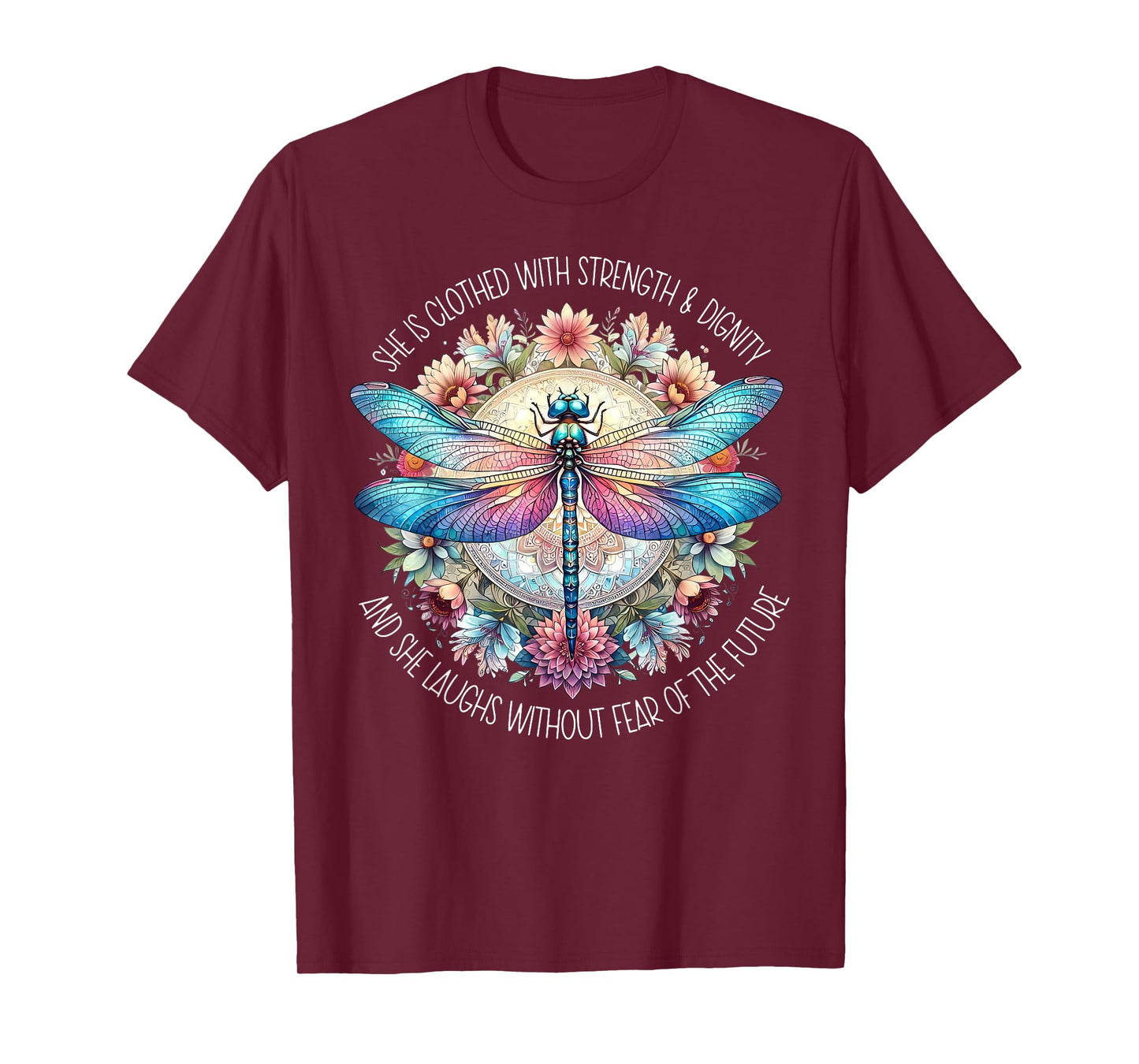 Boho Floral Dragonfly She Is Clothed With Strength & Dignity T-Shirt