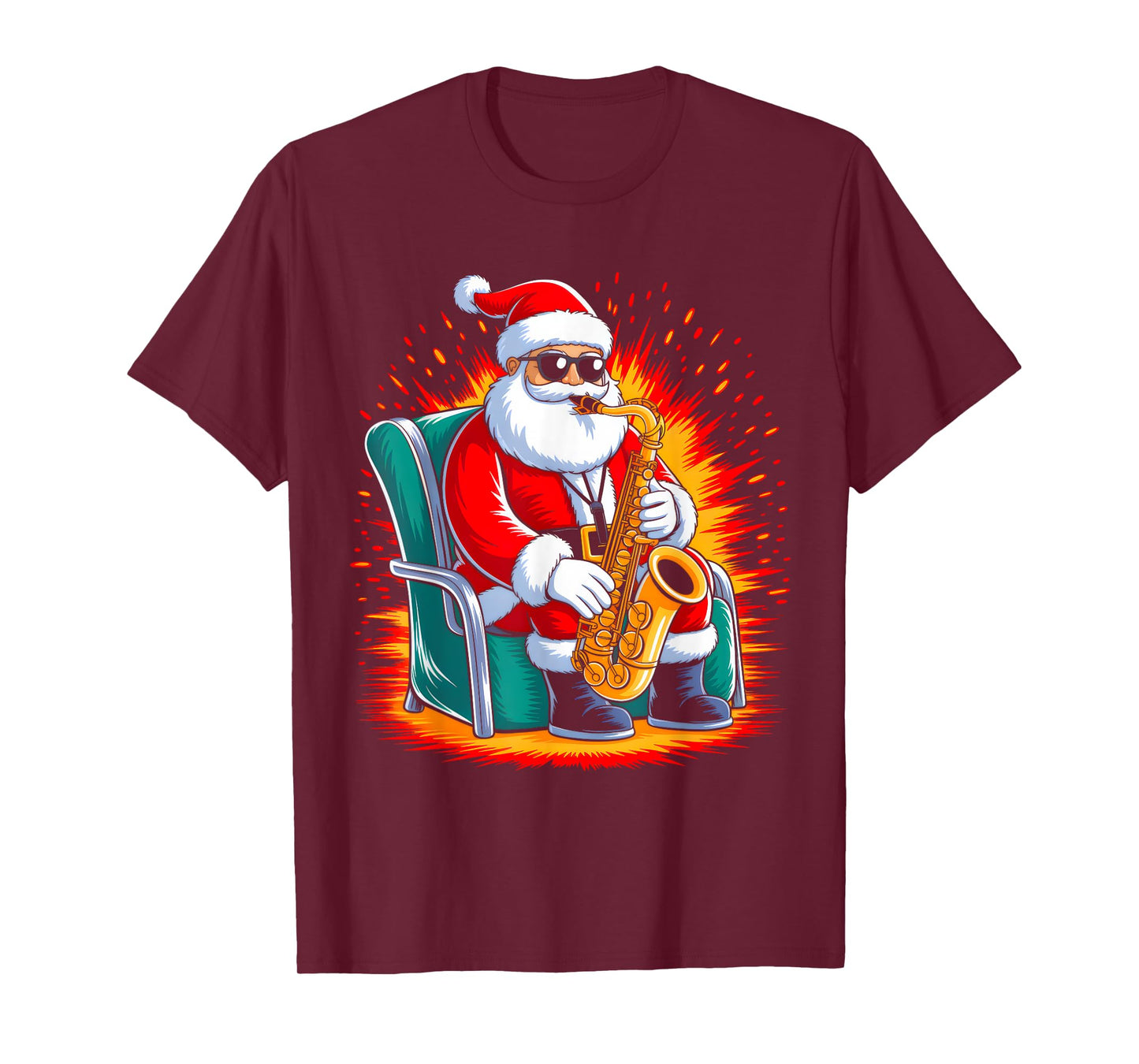 Saxophone Santa Playing Drums Funny Christmas Music Lover T-Shirt