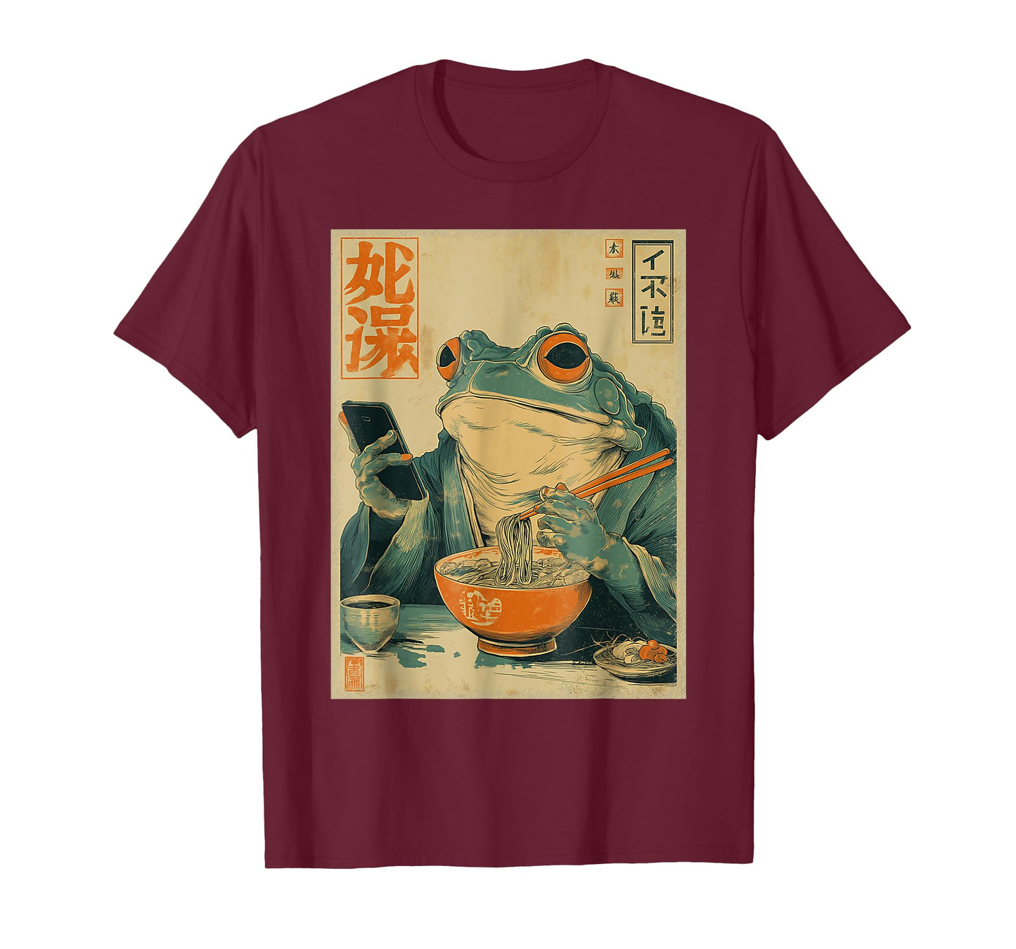 Funny Grumpy Frog Eat Ramen and Scroll Phone Japanese Art T-Shirt