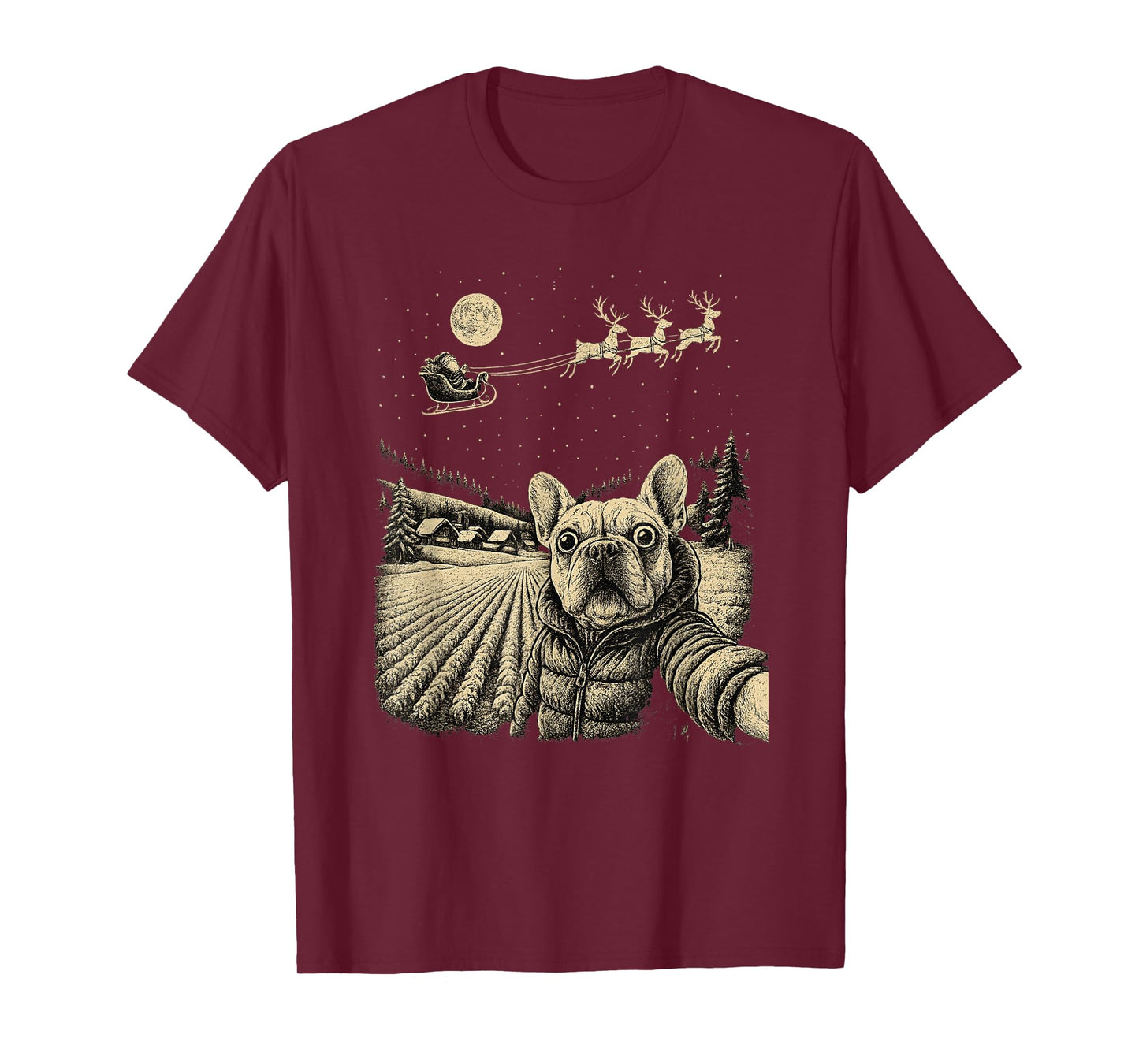 Funny French Bulldog Christmas Selfie with Santa Sleigh T-Shirt