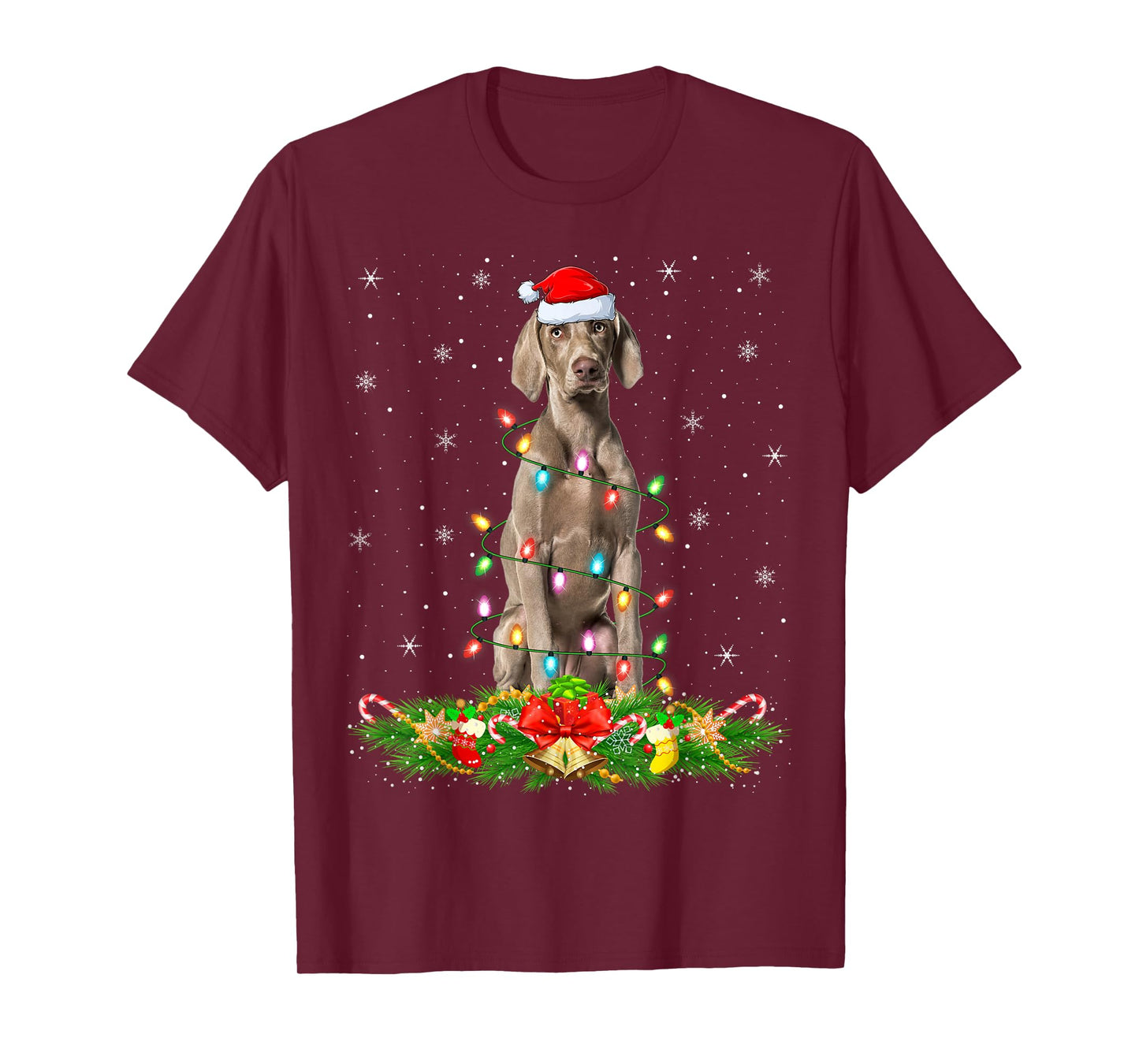 Weimaraner Dog Christmas Lights Funny Santa Hat Xmas T-Shirt