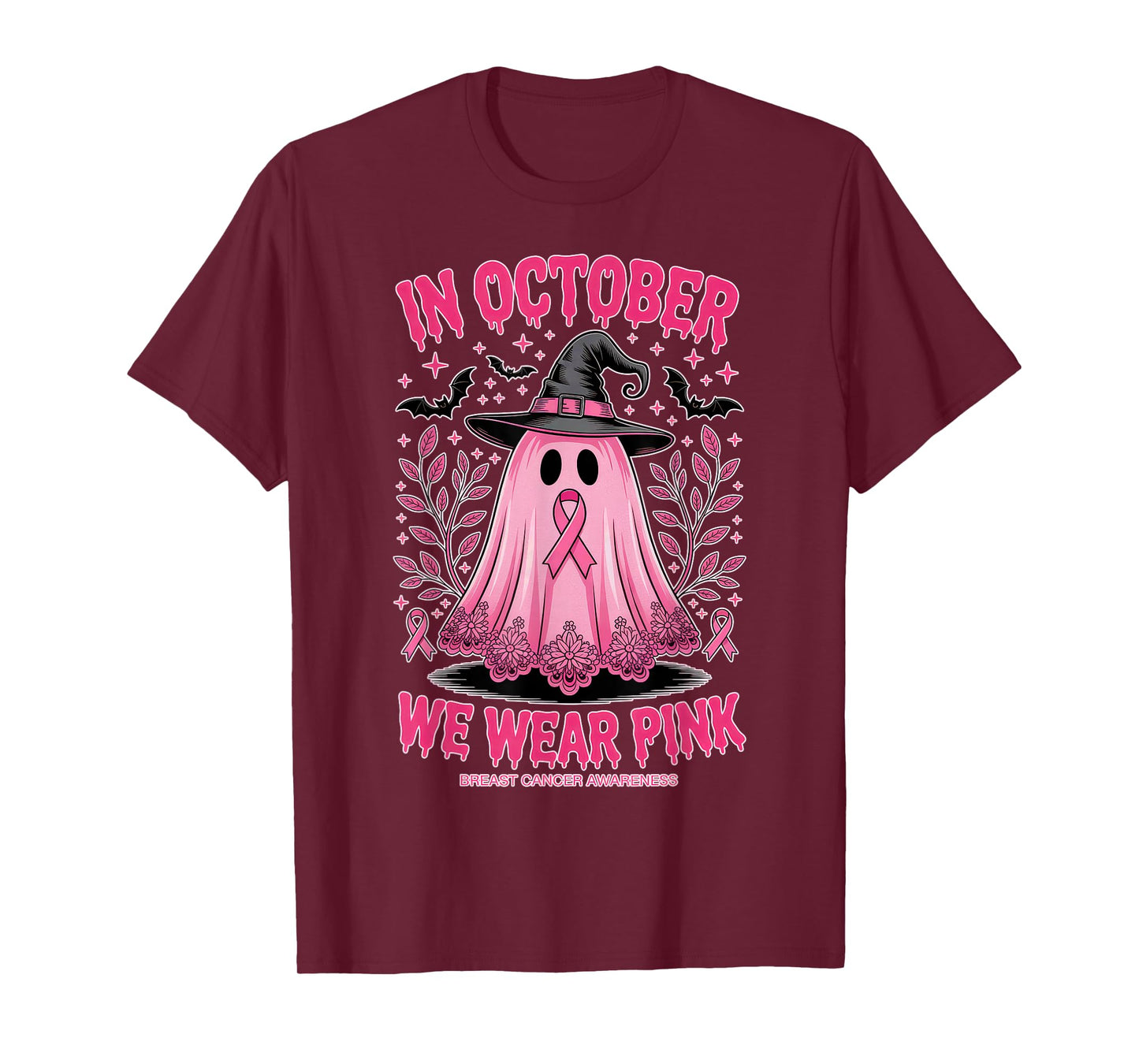 October Pink Ghost Witch Hat Breast Cancer Awareness T-Shirt