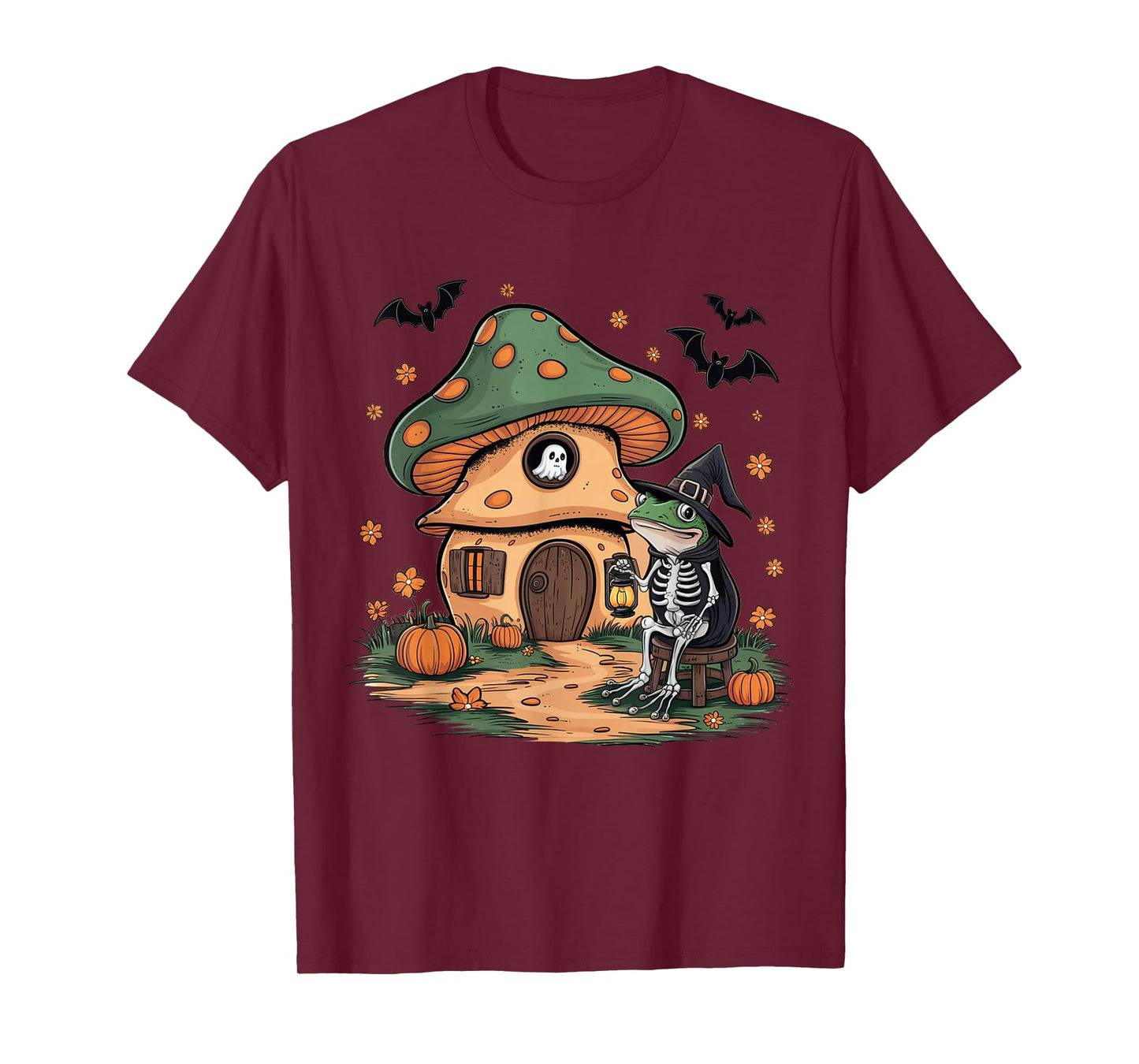 Frog Skeleton Mushroom House Funny Halloween Ghost Pumpkin T-Shirt