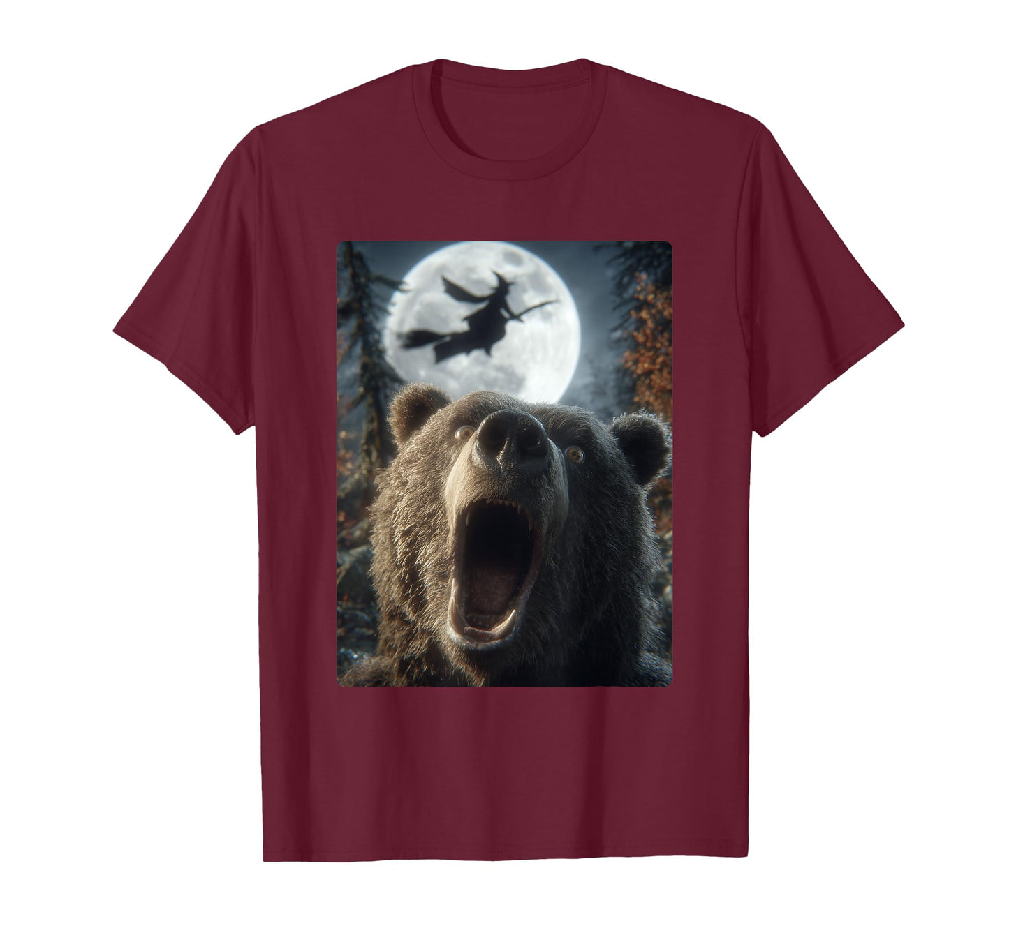 Funny Bear Selfie Full Moon Flying Witch Forest Halloween T-Shirt