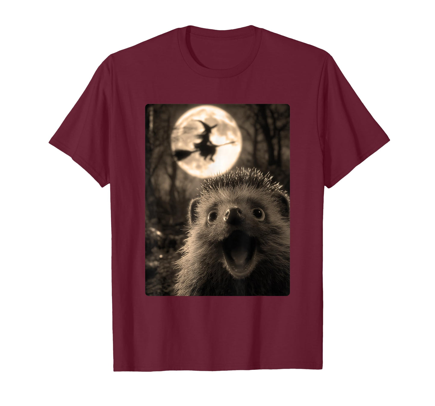 Funny Hedgehog Selfie with Full Moon Flying Witch Halloween T-Shirt