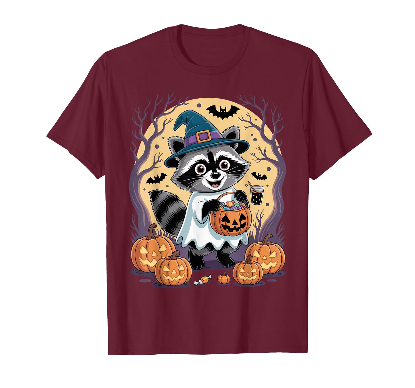 Spooky Raccoon Witch Hat Halloween Pumpkin Adventures Funny T-Shirt