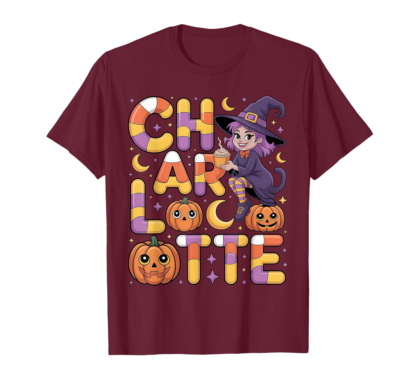 Charlotte Witch Candy Corn Cat Halloween Women and Girls T-Shirt