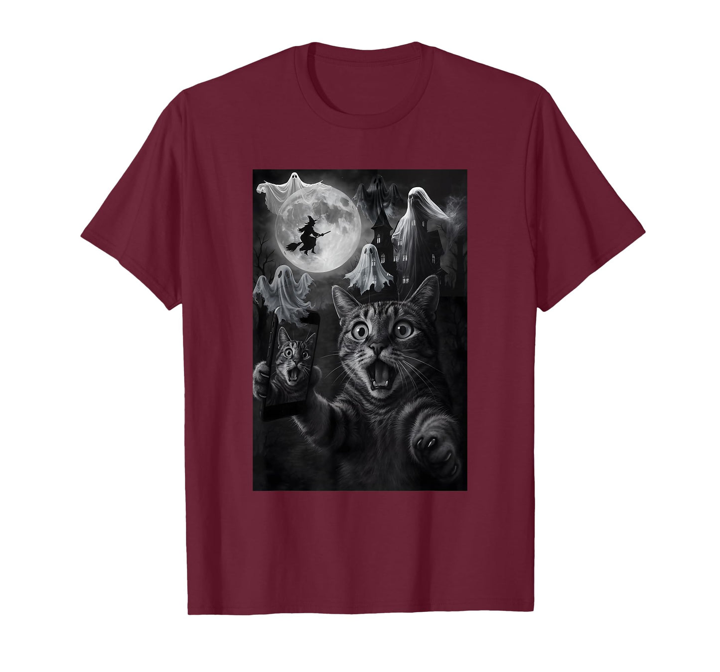 Halloween Surprise Cat Selfie Scary House Ghost Witch Flying T-Shirt