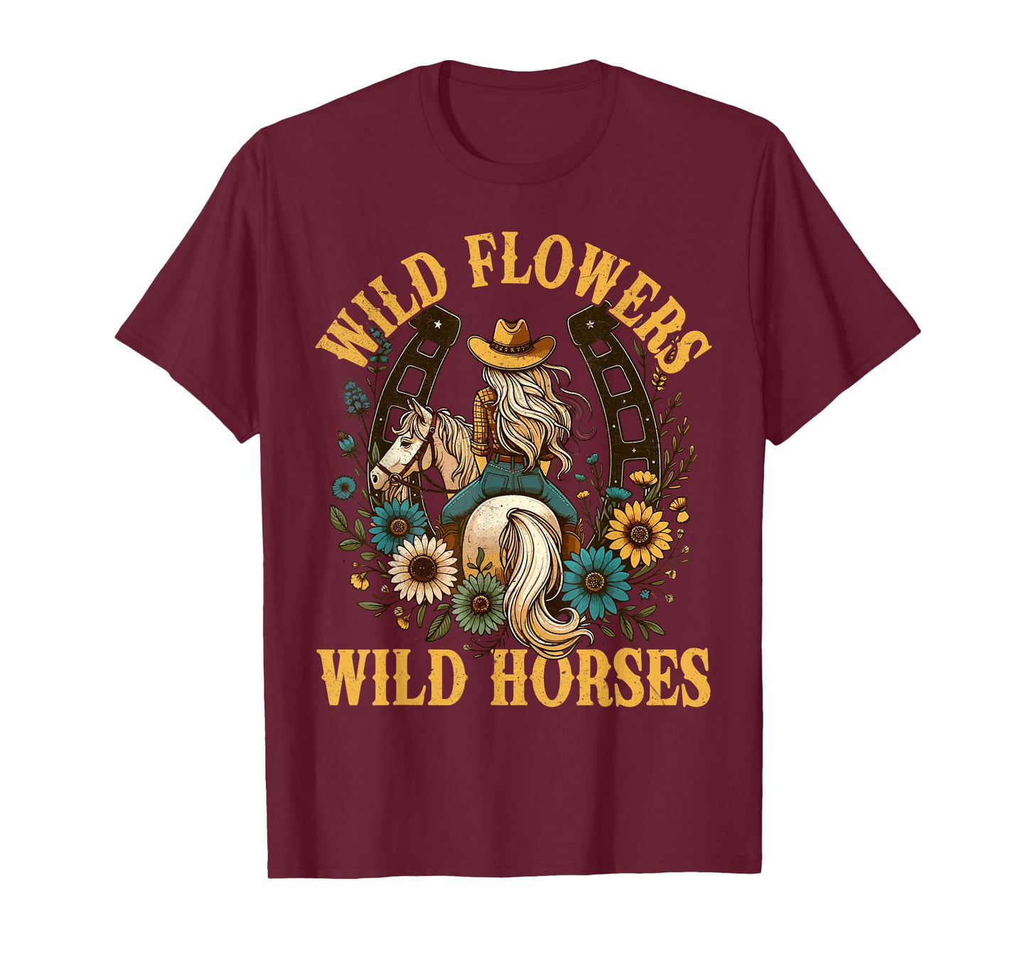 Retro Southern Sunset Cowgirl Wild Flowers - Wild Horses T-Shirt