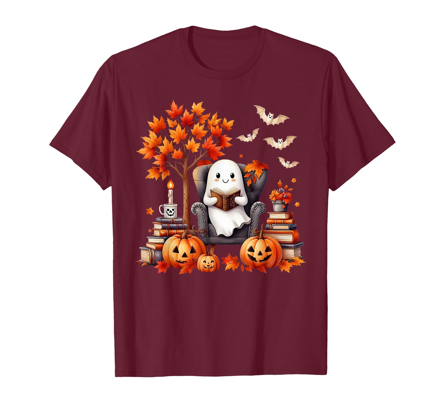 Vintage Ghost Book Reading Pumpkin Gothic Halloween Teachers T-Shirt