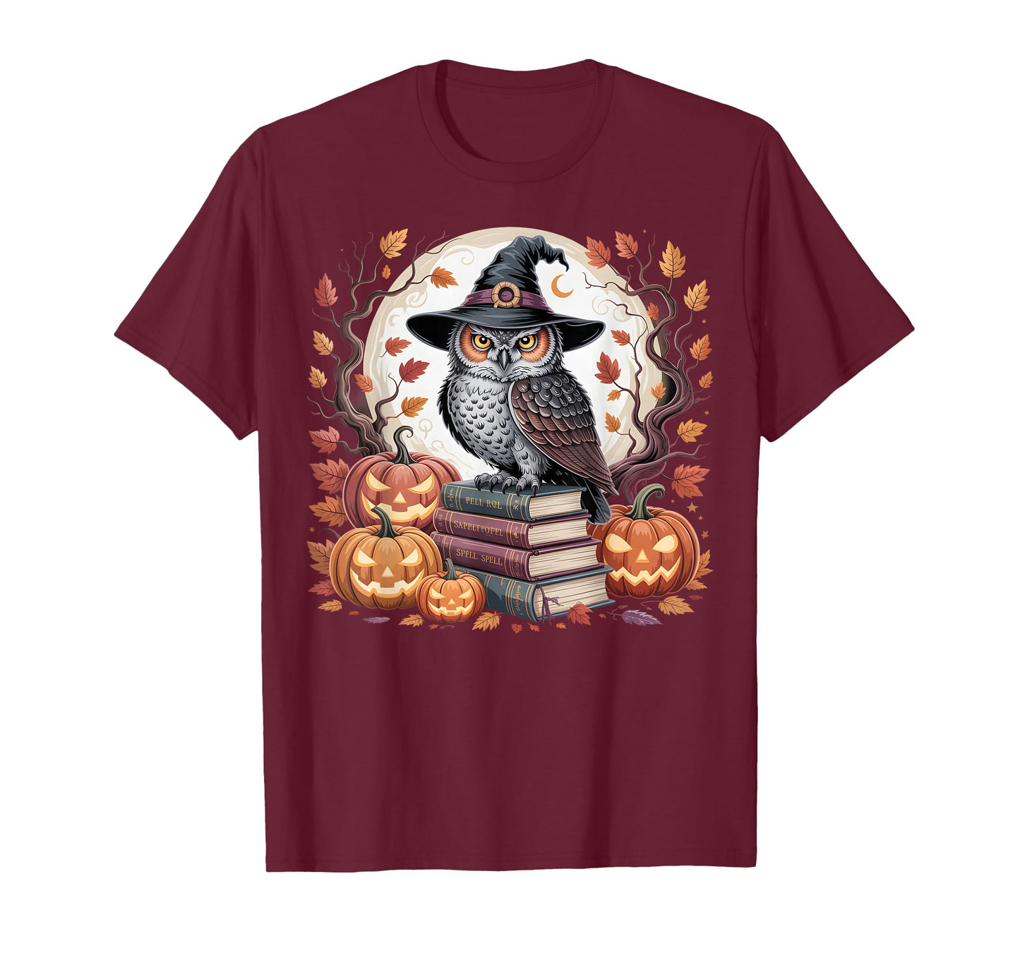 Witch Owl Pumpkin Autumn Moon Halloween Spooky Design T-Shirt