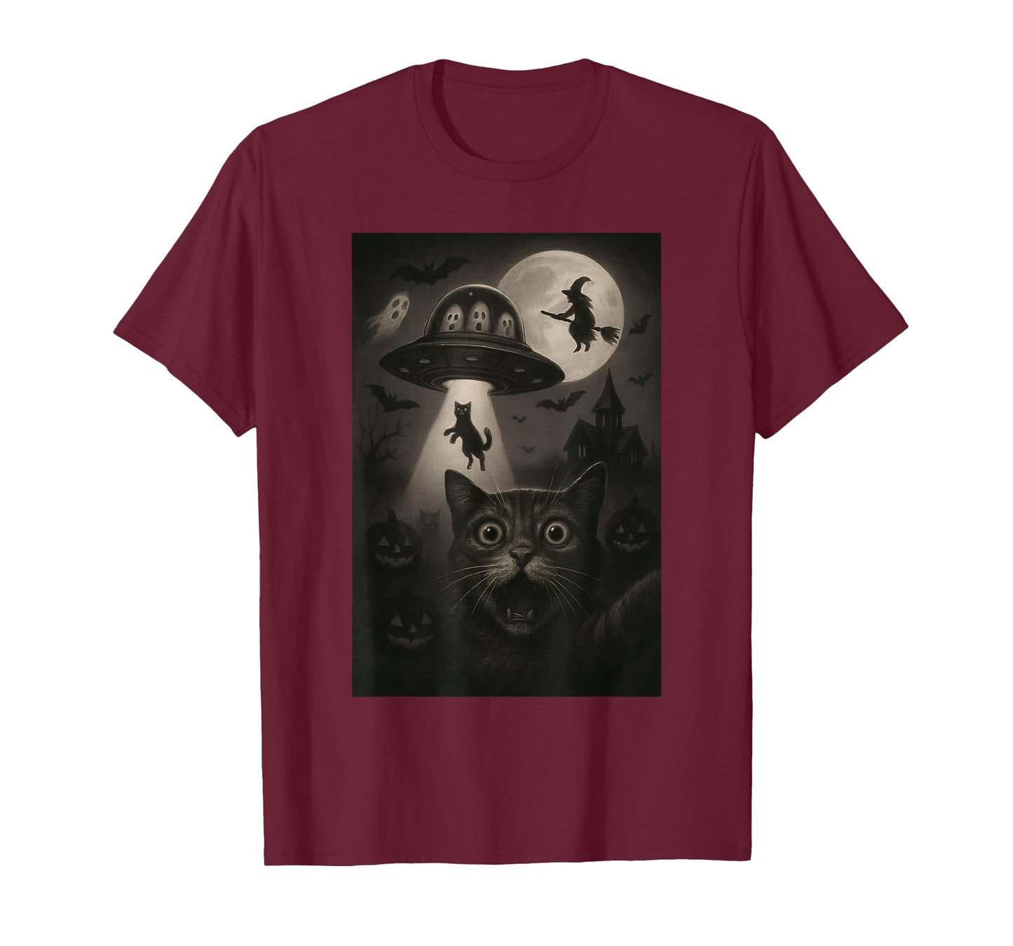Halloween Cat Selfie Spooky Night Alien Abduction Cats UFO T-Shirt