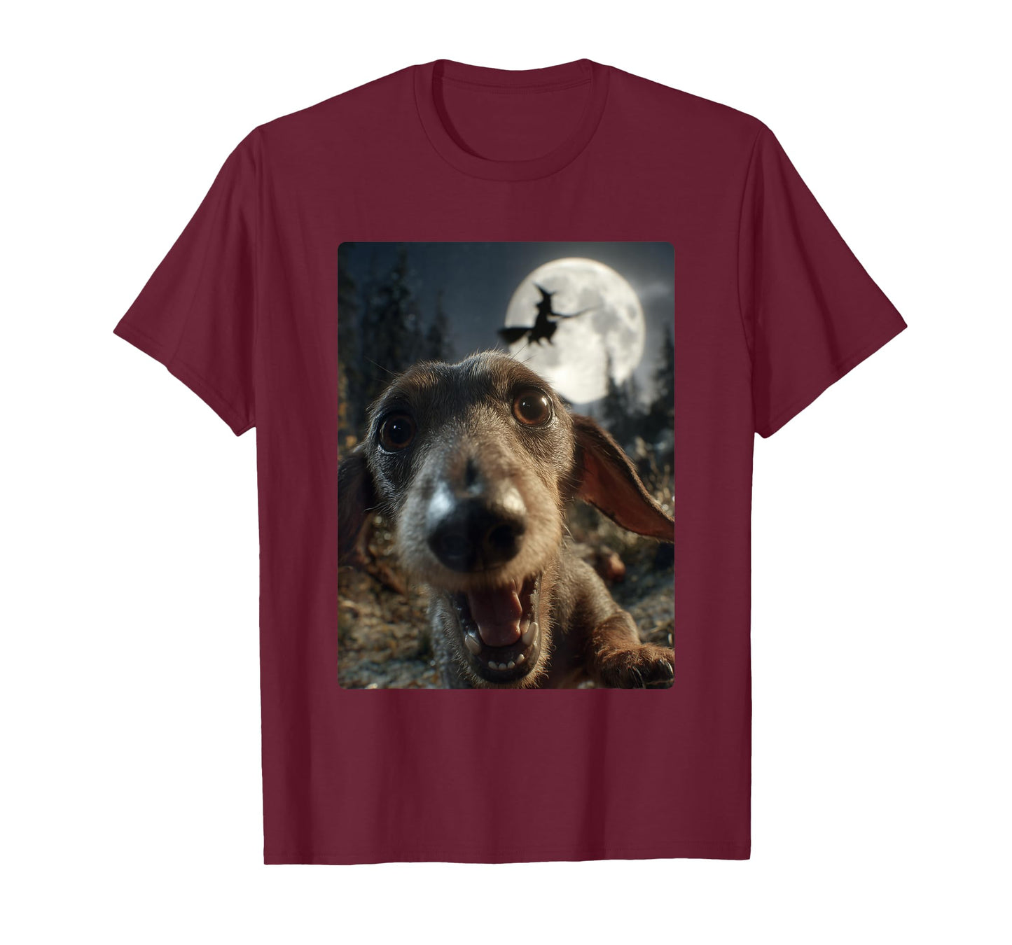 Funny Dachshund Selfie Full Moon Flying Witch Halloween Dog T-Shirt