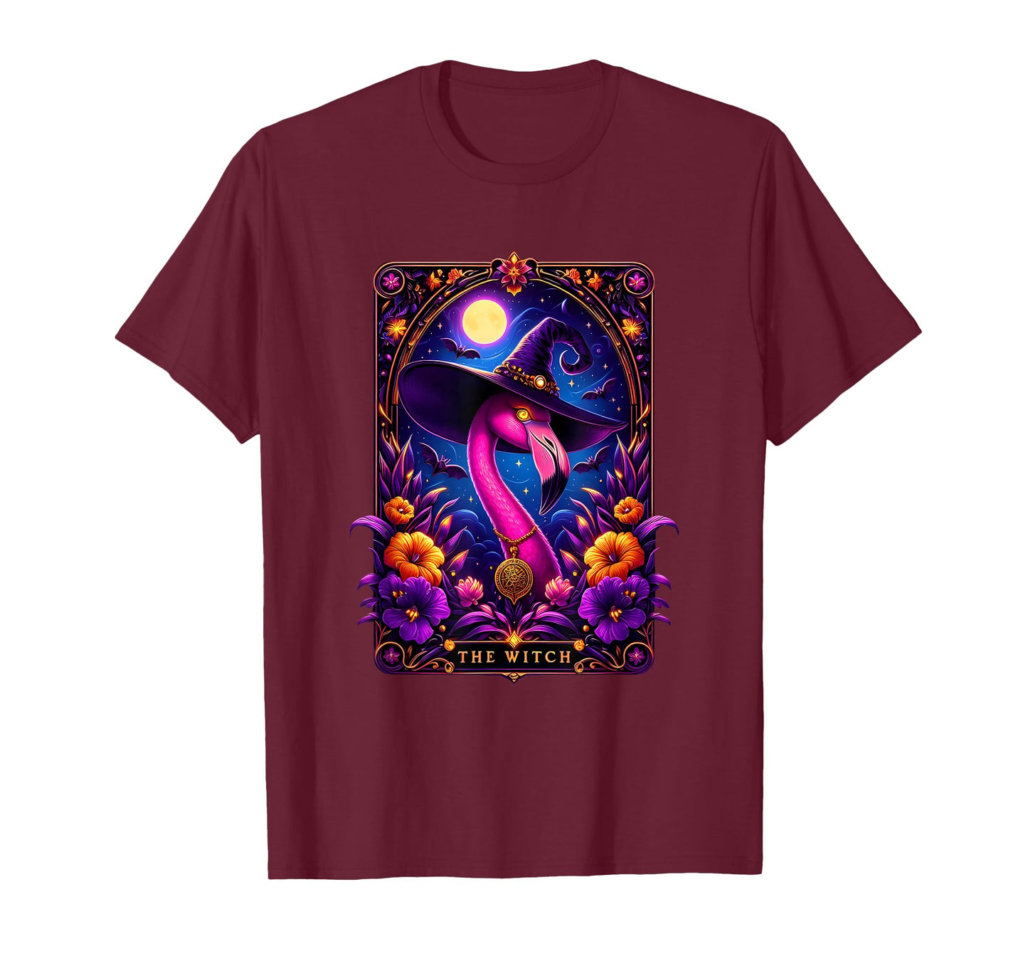 Witch Flamingo Tarot Card Halloween Gothic Art T-Shirt
